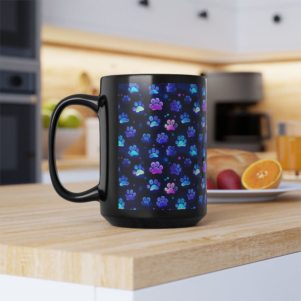 Neon Paw Print Pattern Mug | Black Ceramic 11oz or 15oz