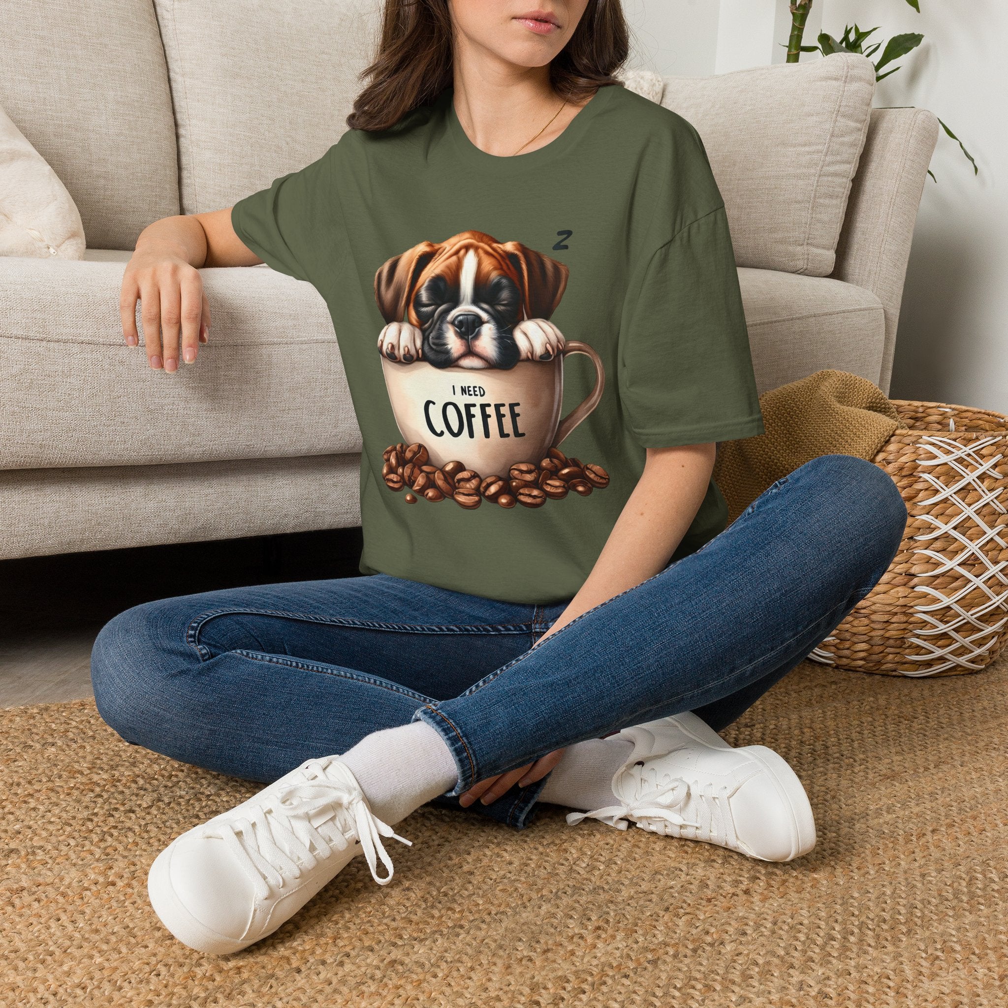 Sleeping Puppy in Coffee Cup T-Shirt | I Need Coffee Design