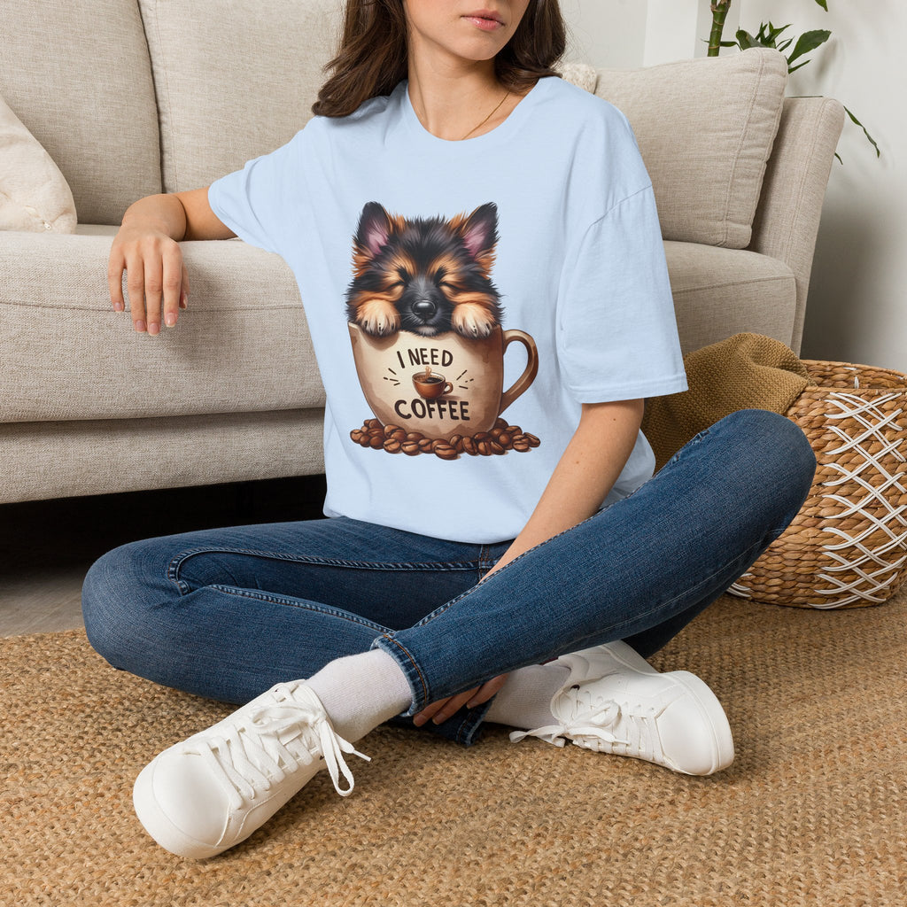 German Shepherd Puppy I Need Coffee T-Shirt | Cute Dog Coffee Design