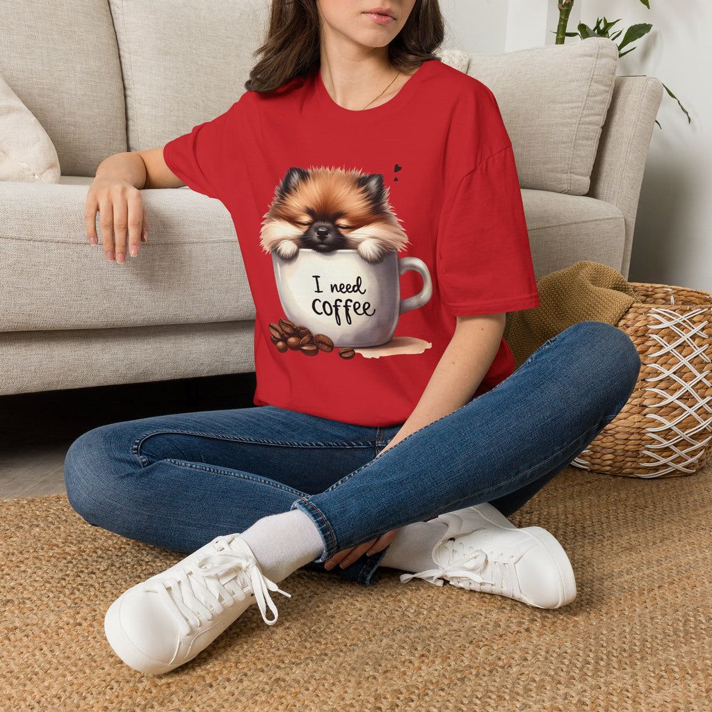 Cute Pomeranian in Coffee Mug T-Shirt | I Need Coffee, Dog Coffee Tee