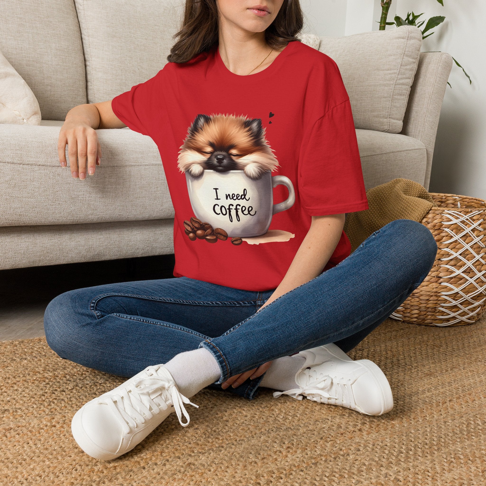 Cute Pomeranian in Coffee Mug T-Shirt | I Need Coffee, Dog Coffee Tee