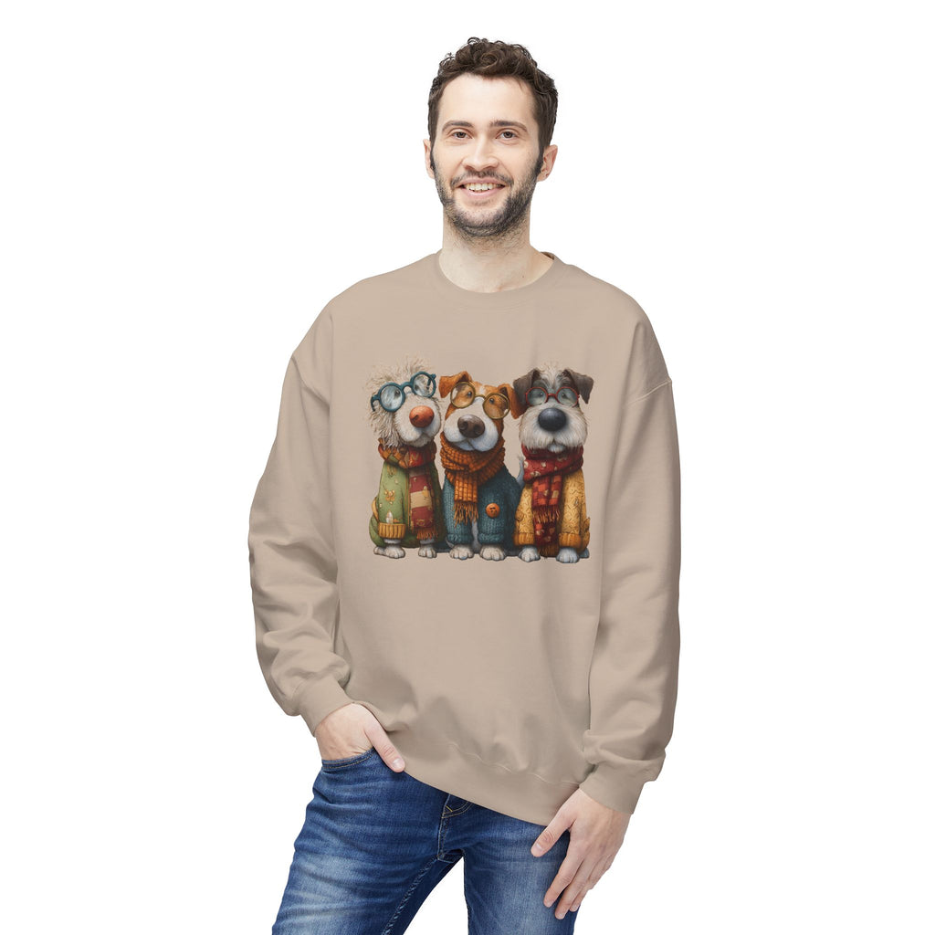Three Cartoon Dogs in Scarves Sweatshirt | Cute Winter Pup Trio