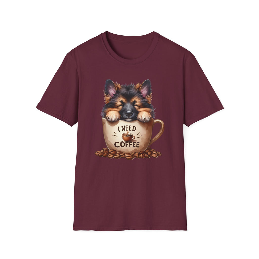 German Shepherd Puppy I Need Coffee T-Shirt | Cute Dog Coffee Design