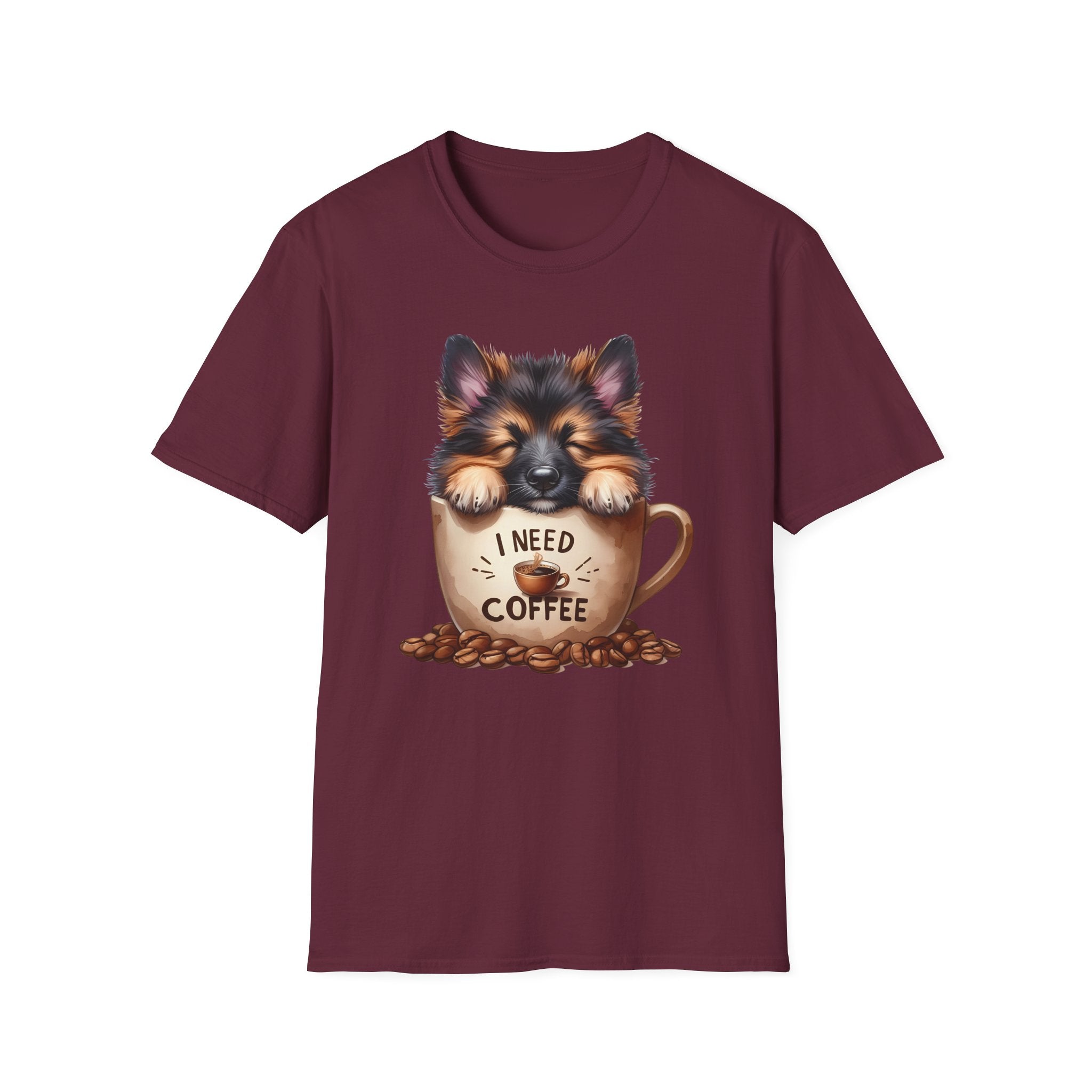 German Shepherd Puppy I Need Coffee T-Shirt | Cute Dog Coffee Design
