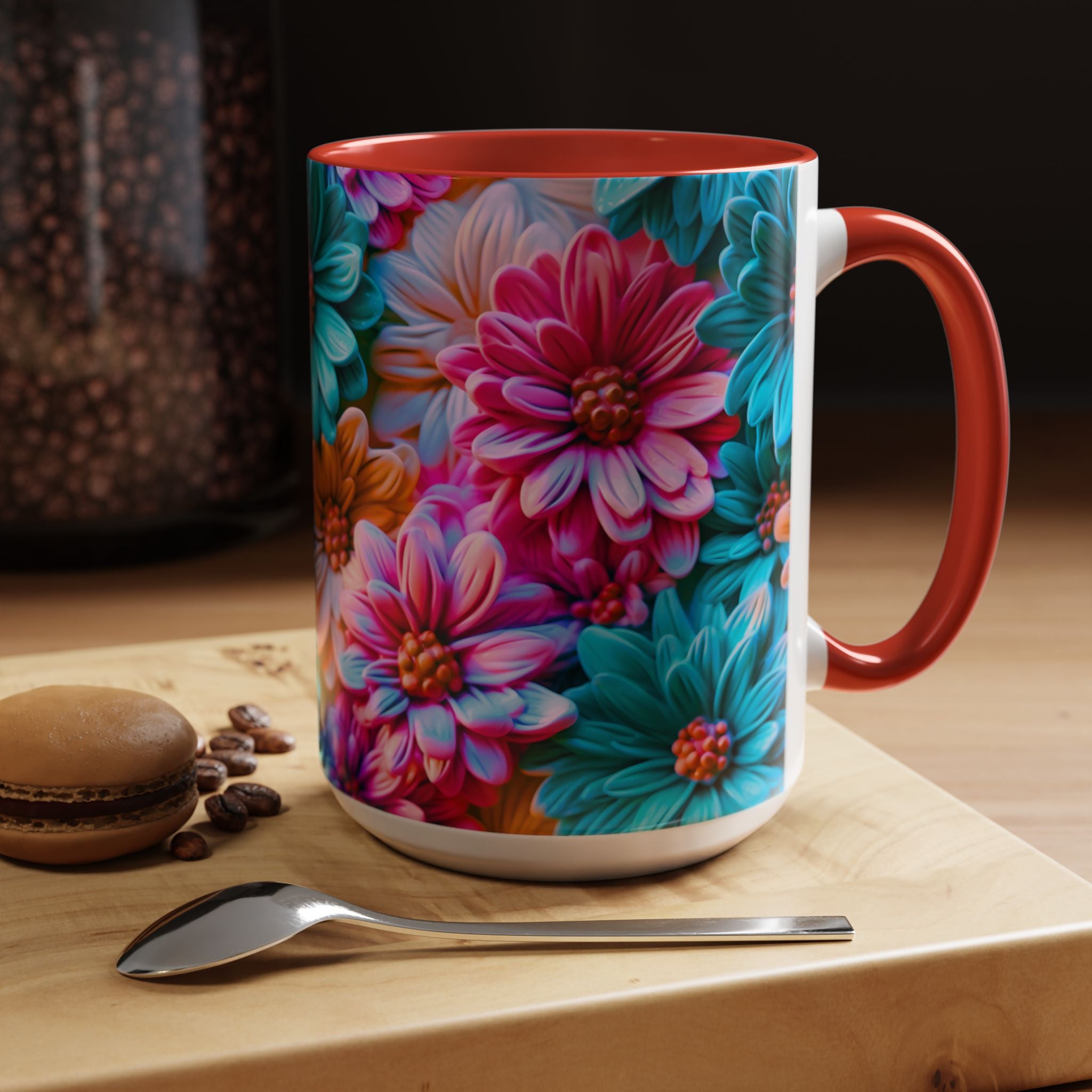 Vibrant Dahlia Floral Accent Mug | 11oz 15oz Ceramic Coffee Mug