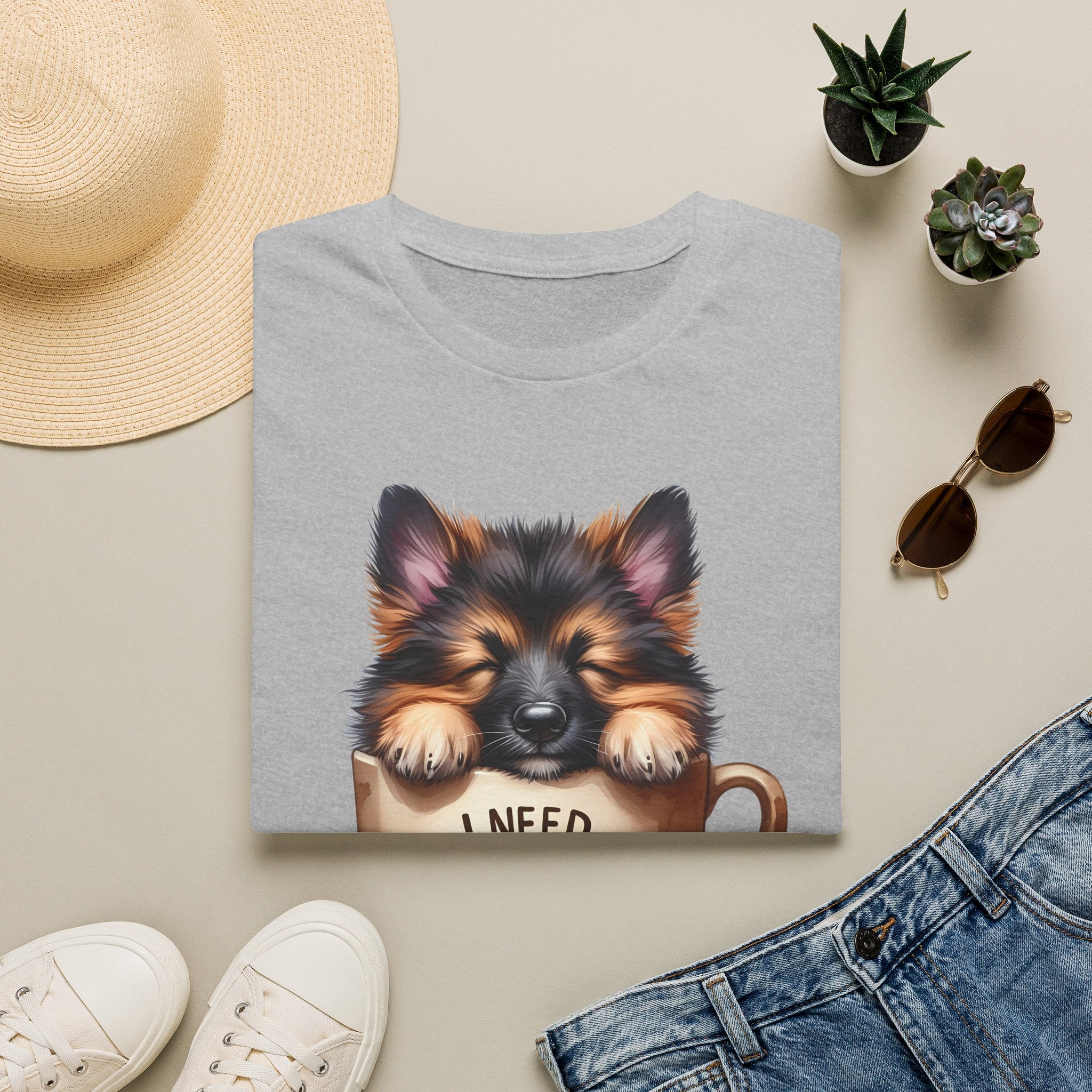 German Shepherd Puppy I Need Coffee T-Shirt | Cute Dog Coffee Design