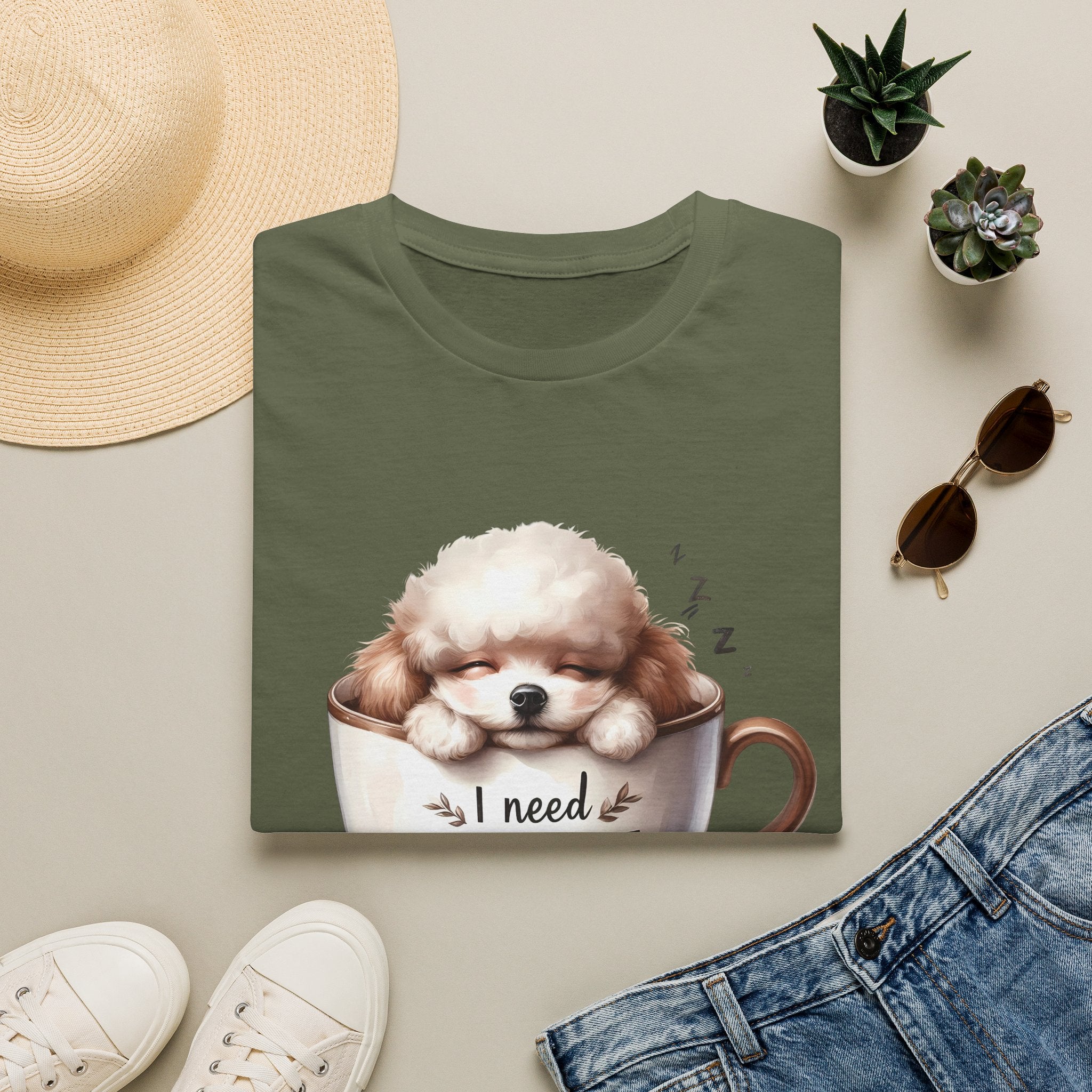 Sleeping Puppy in Coffee Cup T-Shirt | I Need Coffee Dog Design