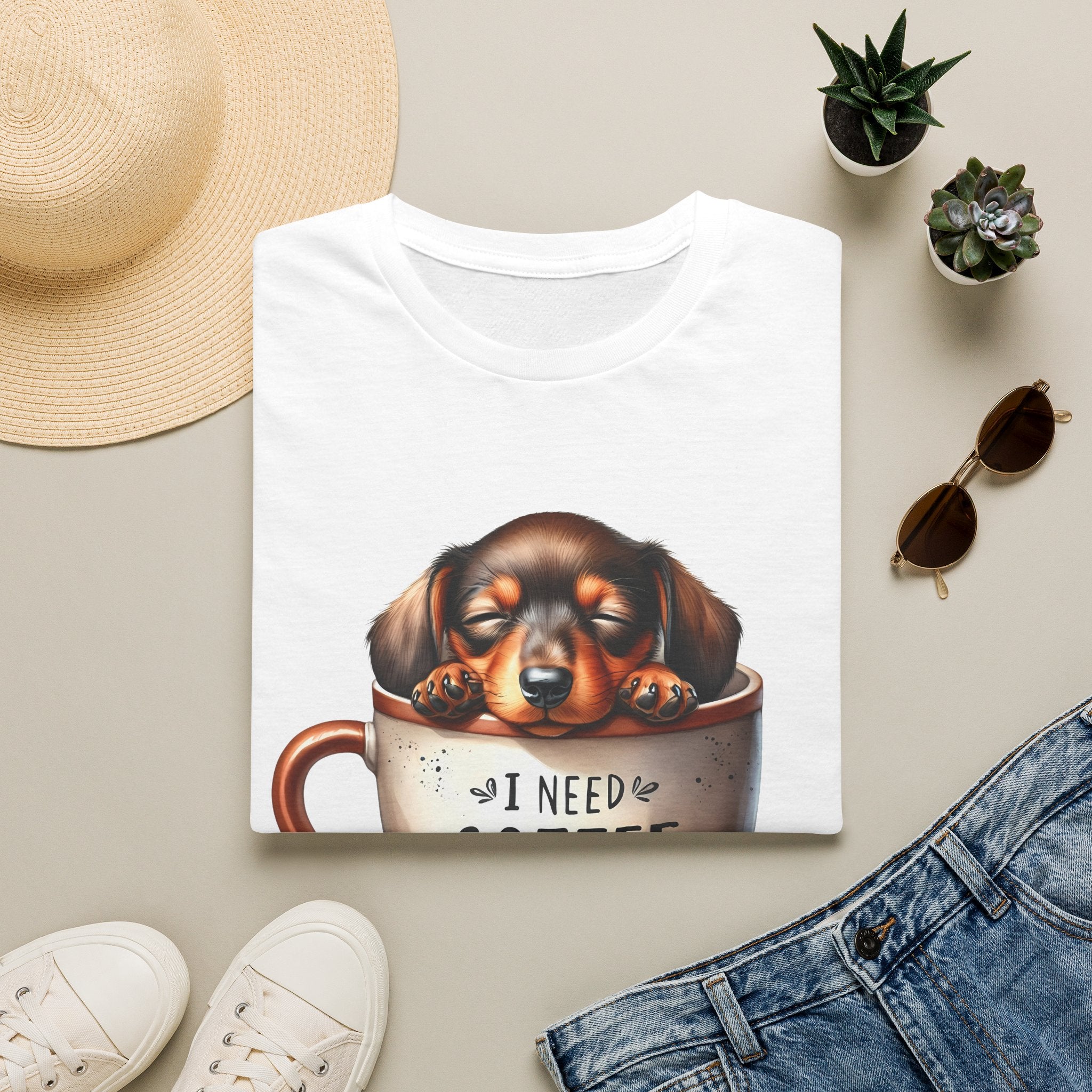 Sleepy Dachshund in Coffee Cup T-Shirt | I Need Coffee, Coffee Beans