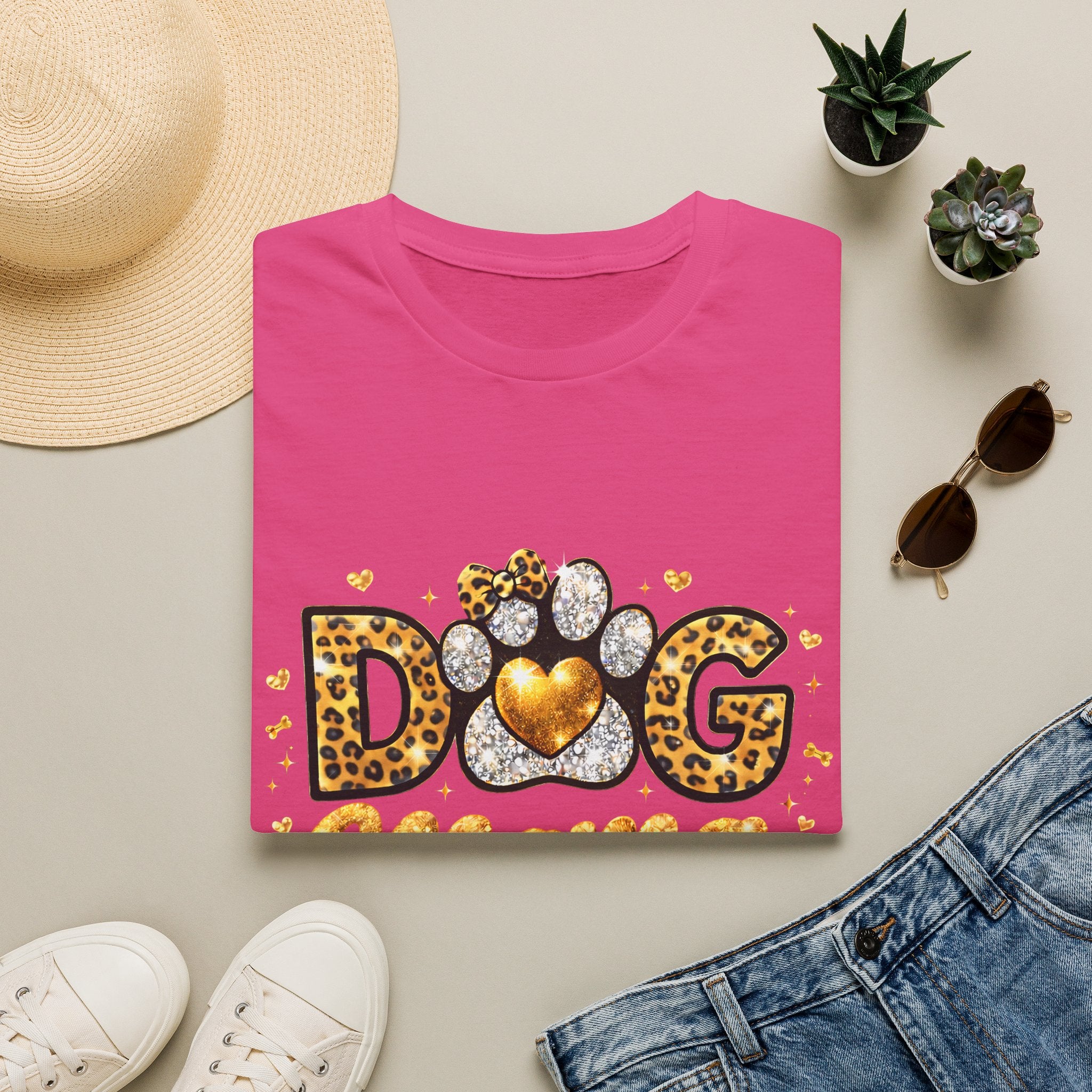 Dog Mama T-Shirt | Leopard Heart Paw Print, Gold Glitter Script