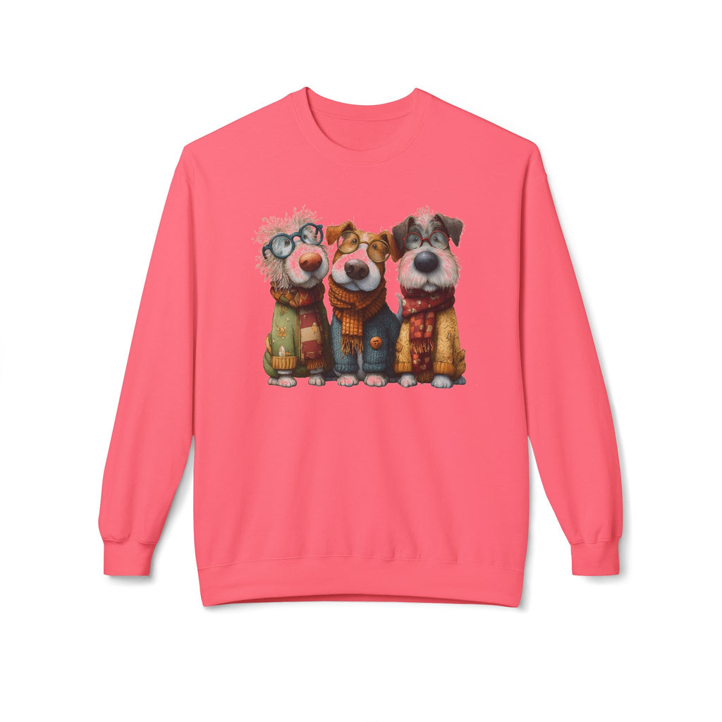 Three Cartoon Dogs in Scarves Sweatshirt | Cute Winter Pup Trio