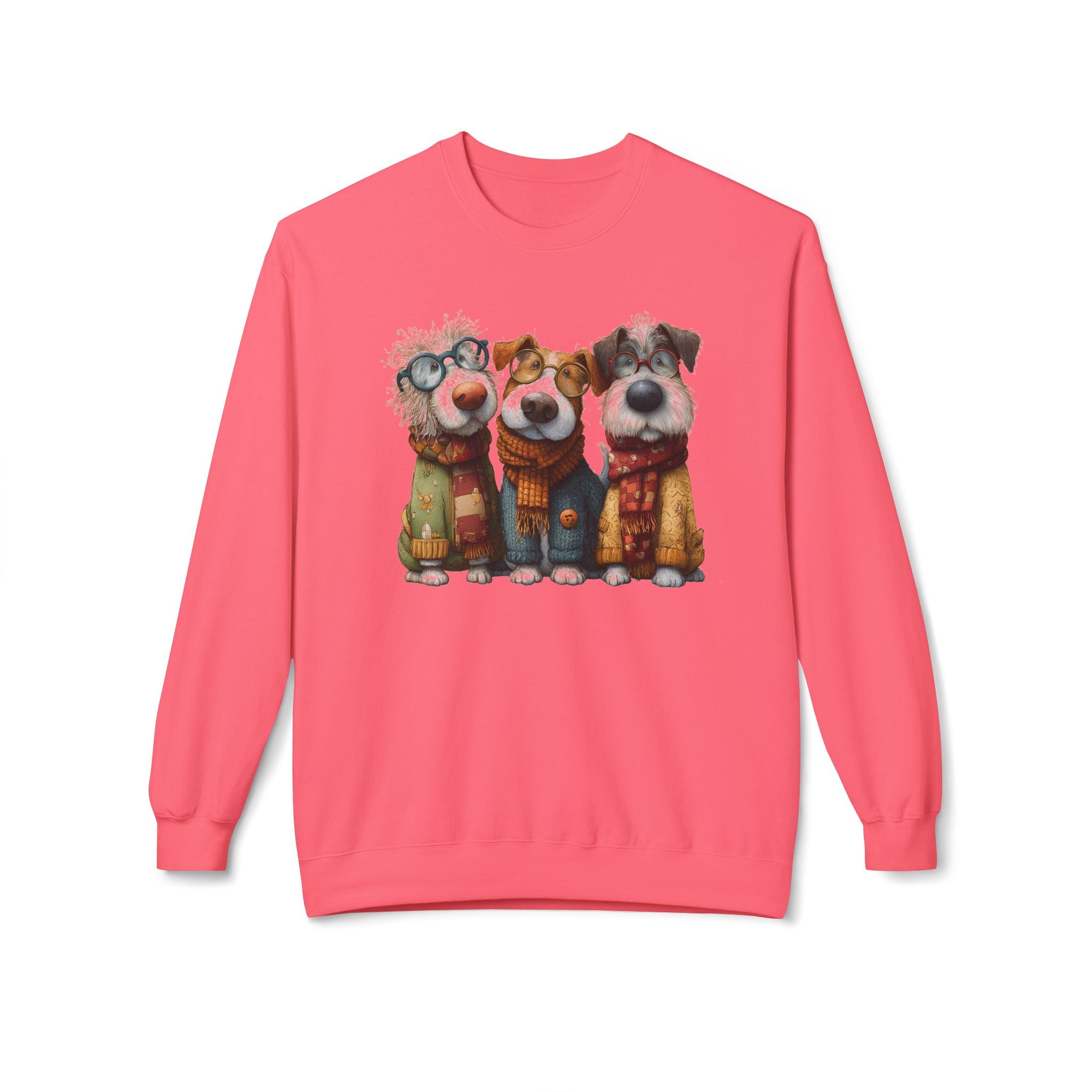 Three Cartoon Dogs in Scarves Sweatshirt | Cute Winter Pup Trio