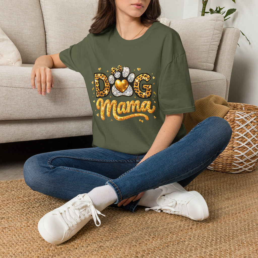 Dog Mama T-Shirt | Leopard Heart Paw Print, Gold Glitter Script