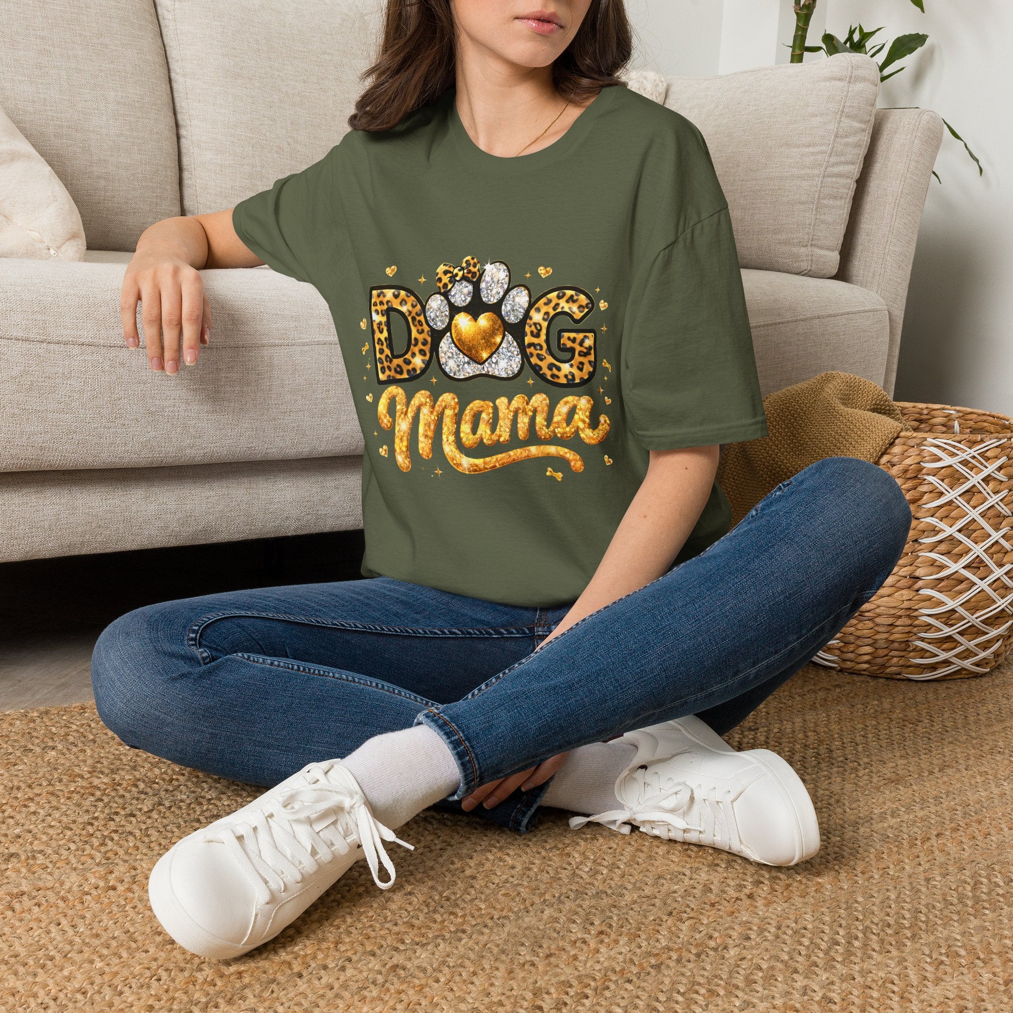 Dog Mama T-Shirt | Leopard Heart Paw Print, Gold Glitter Script
