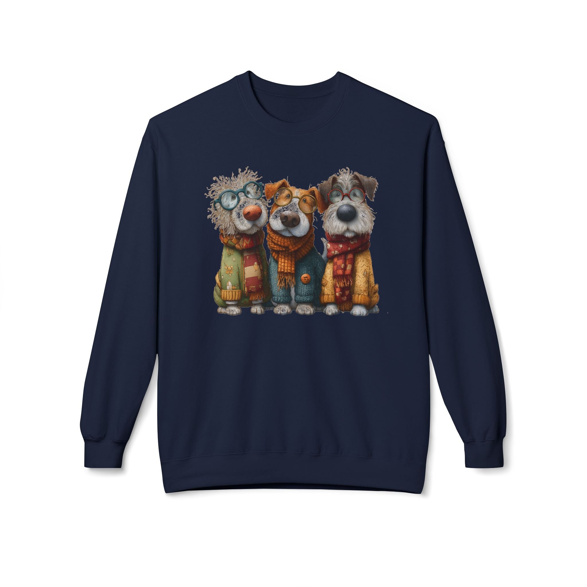 Three Cartoon Dogs in Scarves Sweatshirt | Cute Winter Pup Trio
