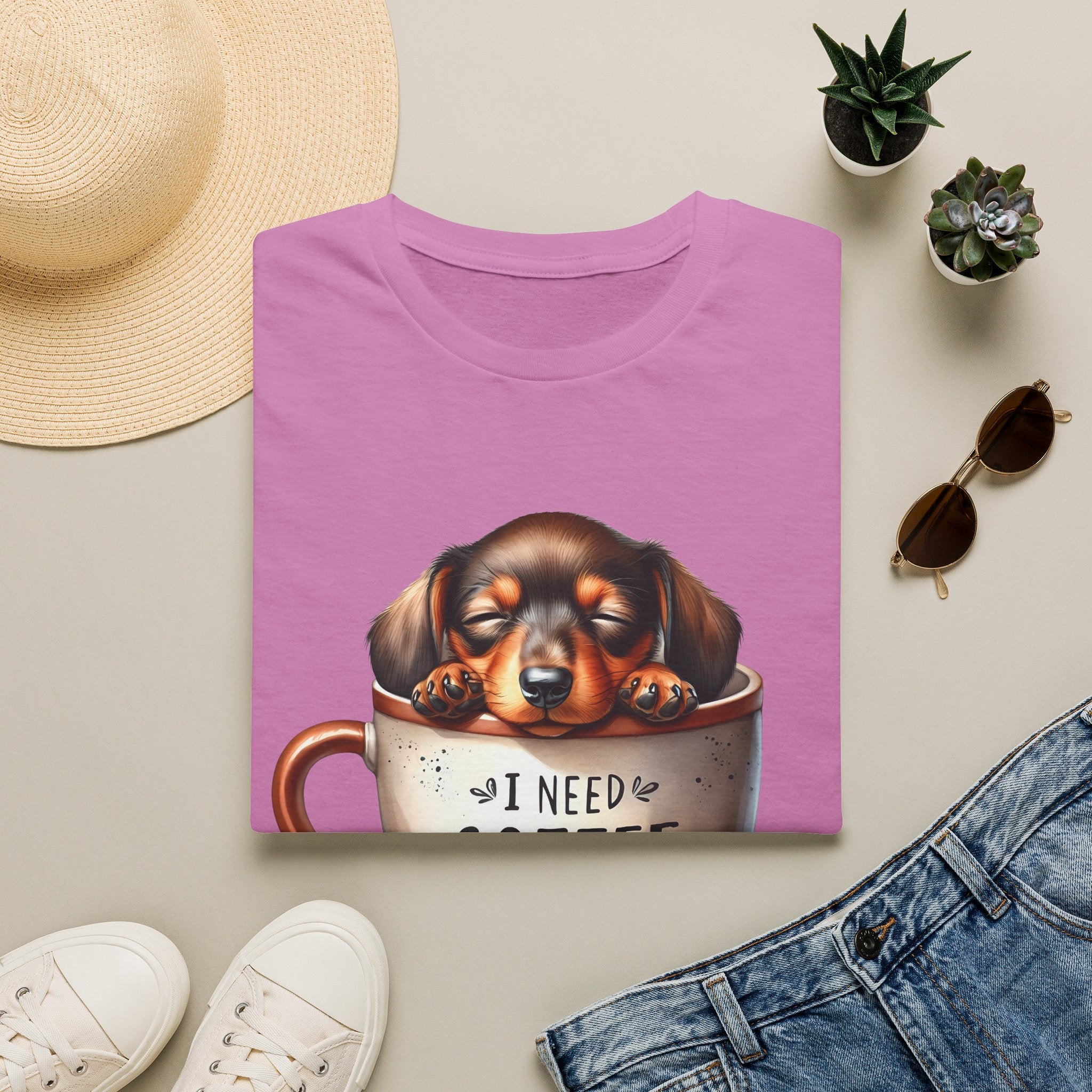 Sleepy Dachshund in Coffee Cup T-Shirt | I Need Coffee, Coffee Beans