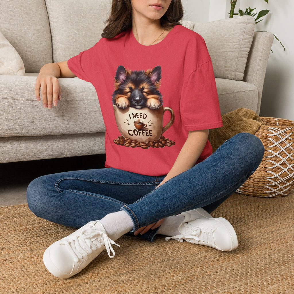 German Shepherd Puppy I Need Coffee T-Shirt | Cute Dog Coffee Design