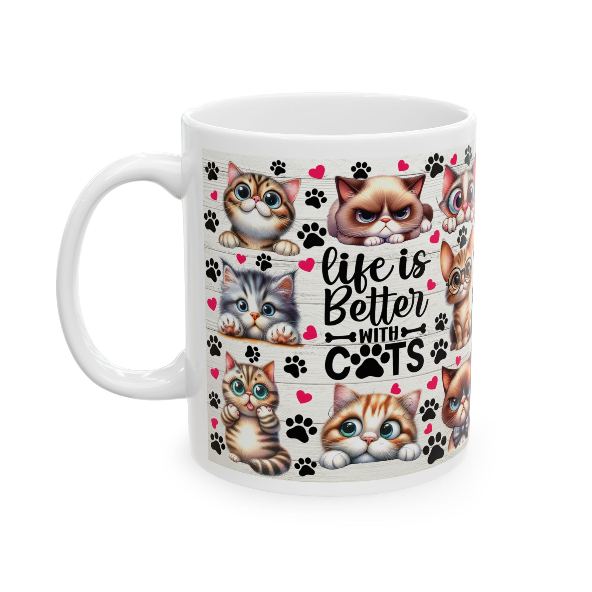 Cute Cartoon Cats Mug | Cute Cat Faces, Paw Prints Pattern Ceramic Mug