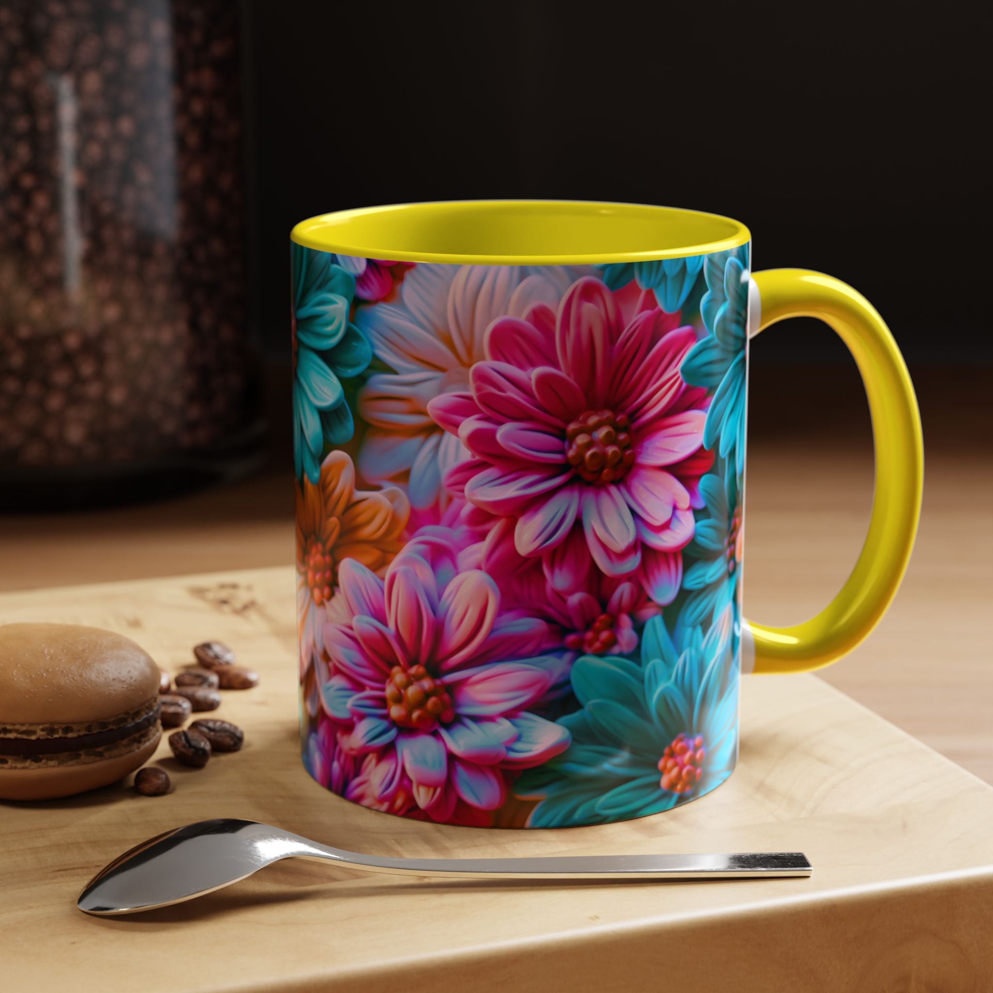 Vibrant Dahlia Floral Accent Mug | 11oz 15oz Ceramic Coffee Mug