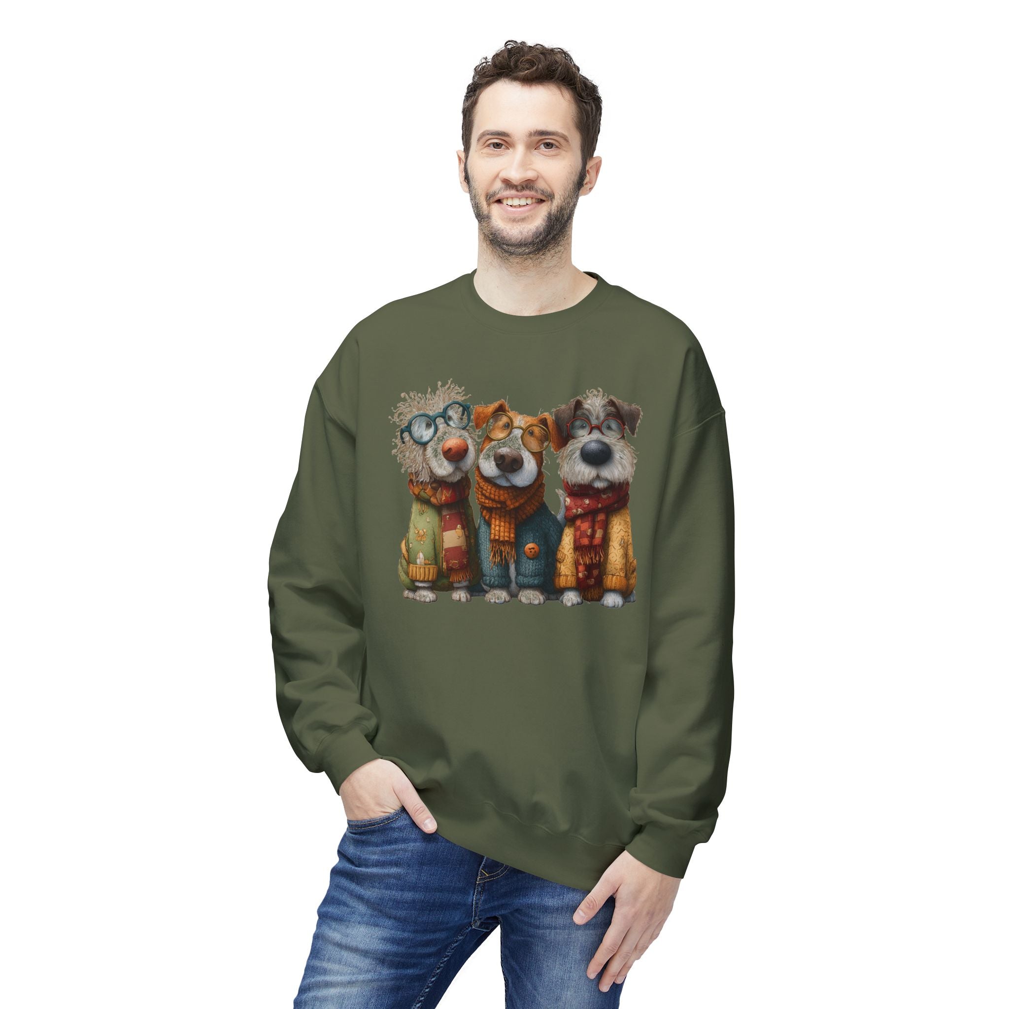Three Cartoon Dogs in Scarves Sweatshirt | Cute Winter Pup Trio