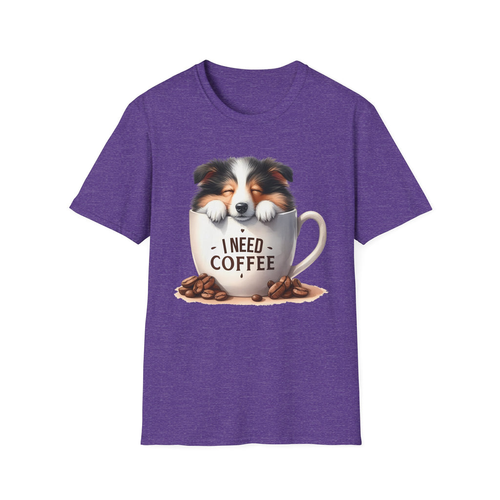 I Need Coffee Dog T-Shirt | Coffee Cup, Shetland Sheepdog Illustration