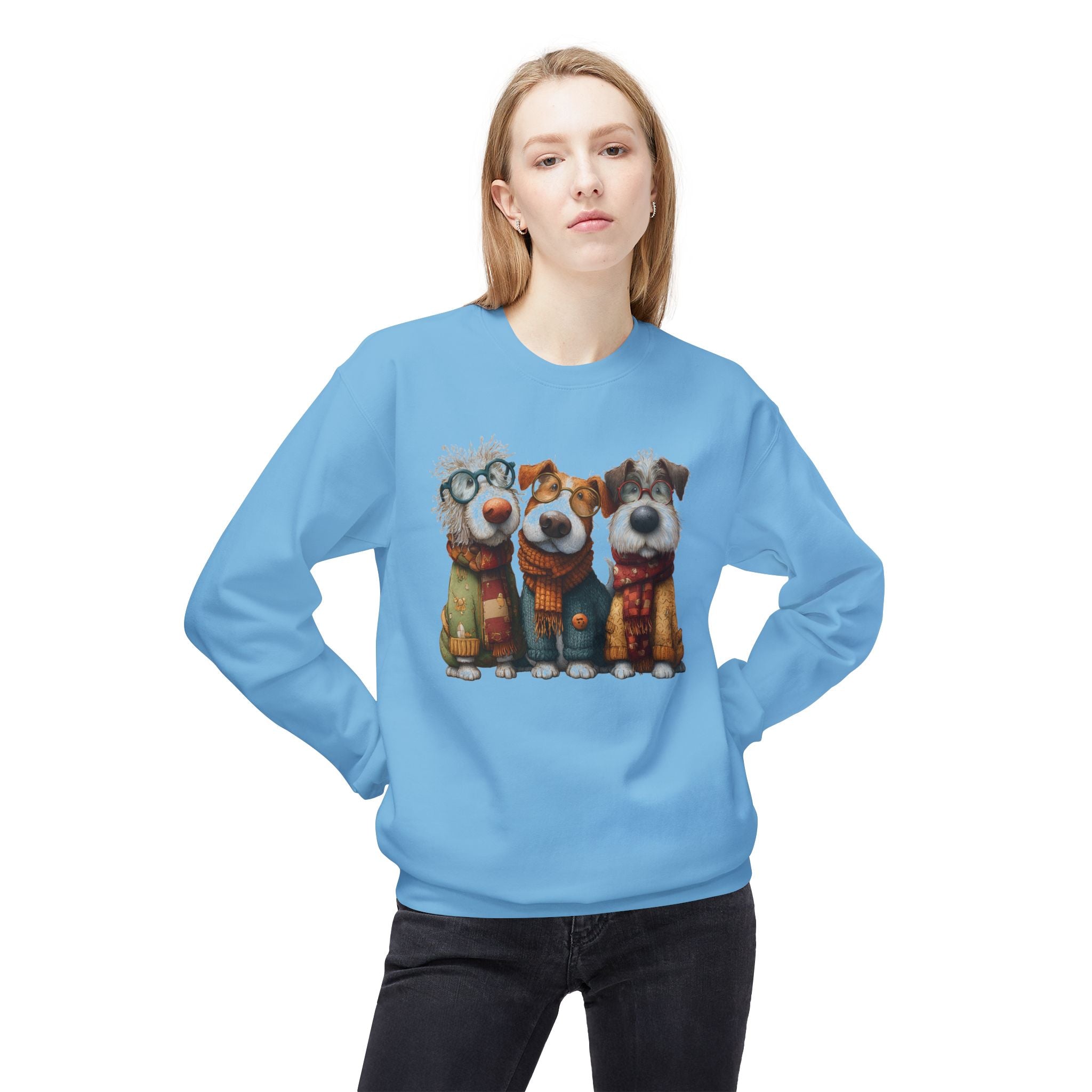Three Cartoon Dogs in Scarves Sweatshirt | Cute Winter Pup Trio