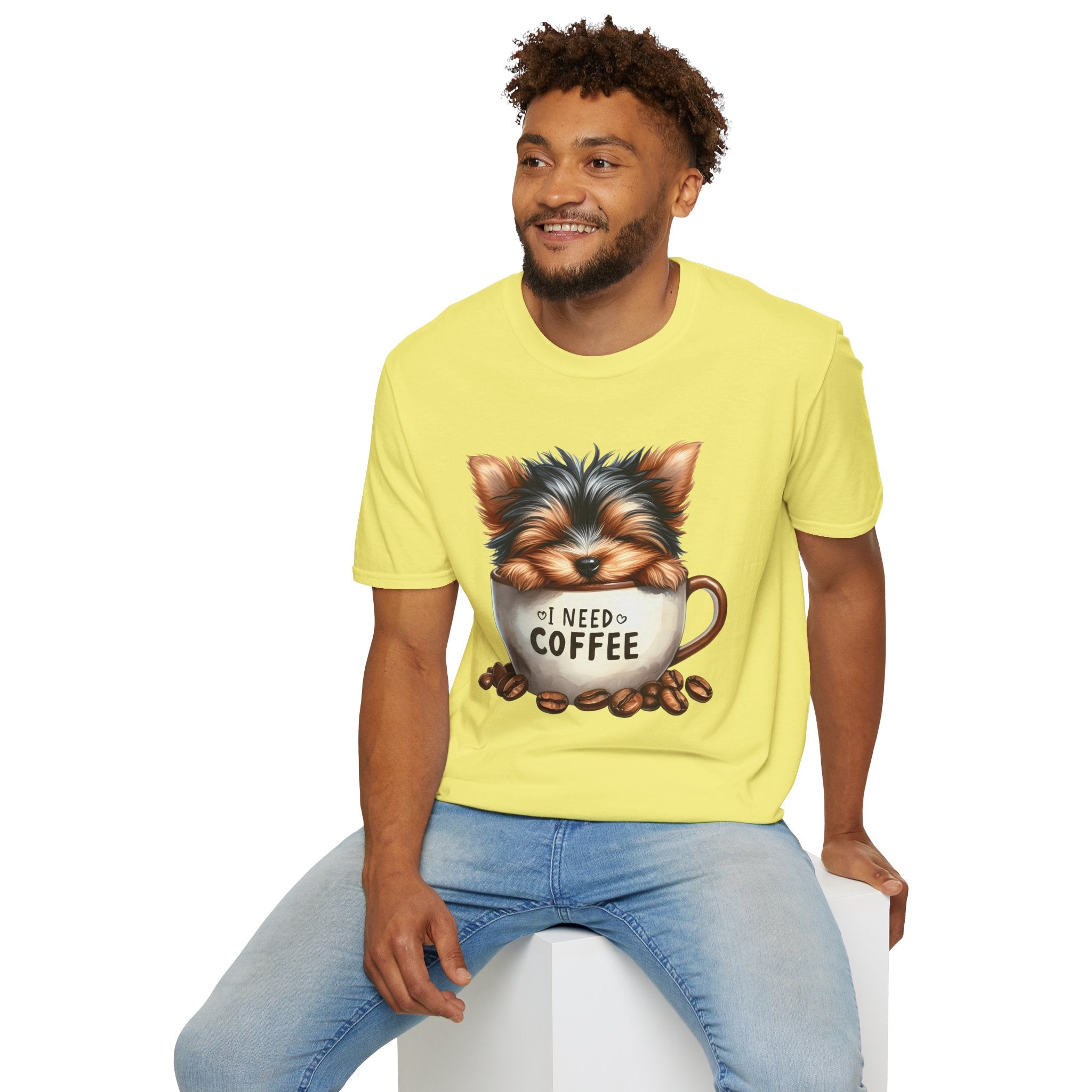 Cute Yorkie in Coffee Cup T-Shirt | I Need Coffee Puppy Graphic Tee