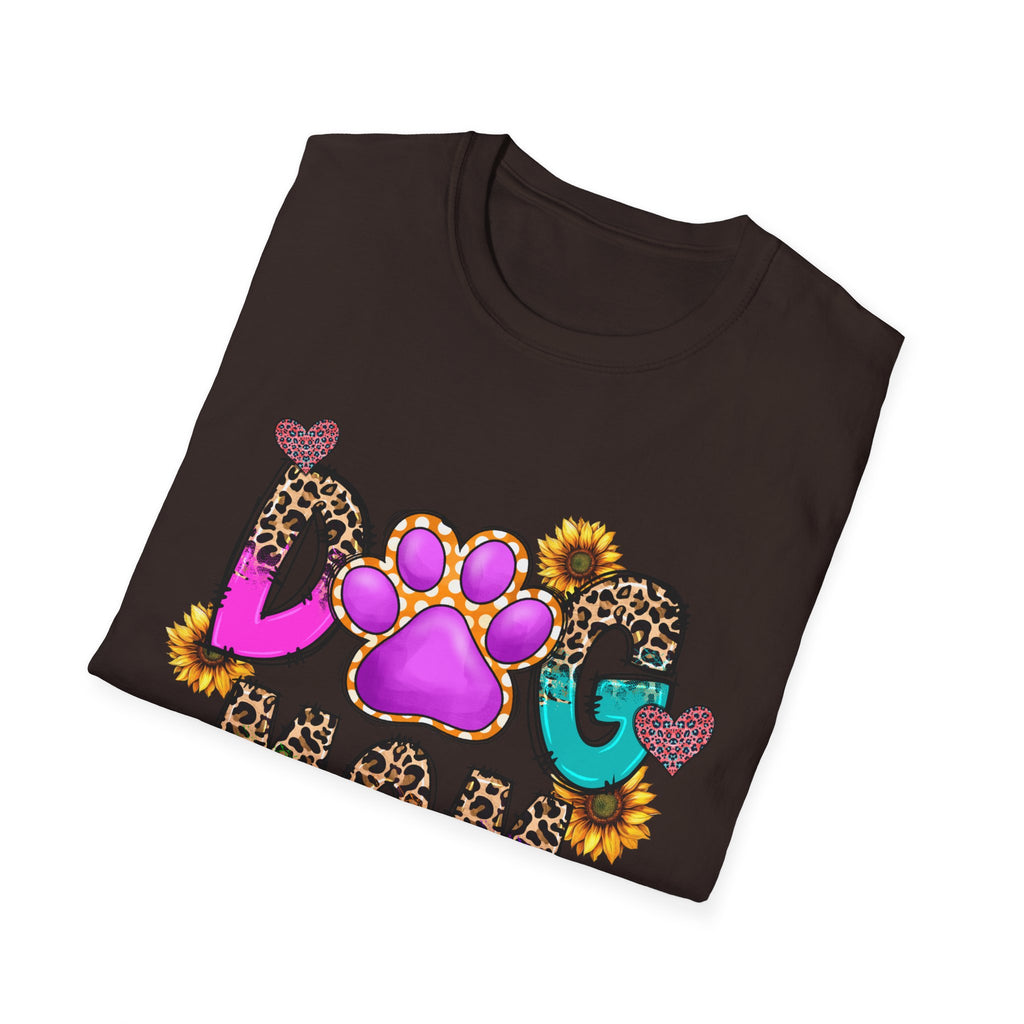 Dog Mom colorful paw print design T-Shirt | leopard hearts sunflower accents