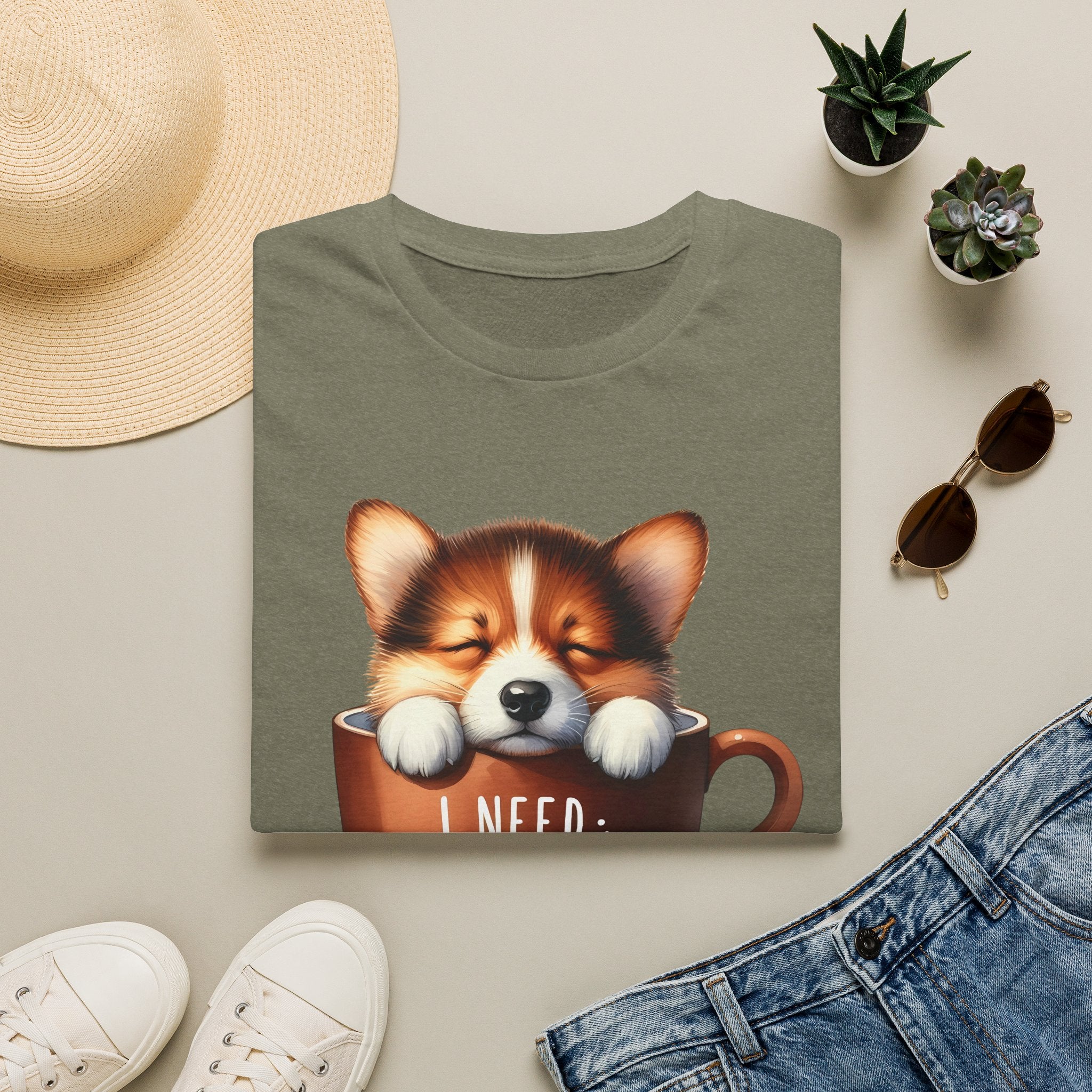 Sleeping Puppy in Coffee Cup T-Shirt | I Need Coffee, Cute Corgi Mug