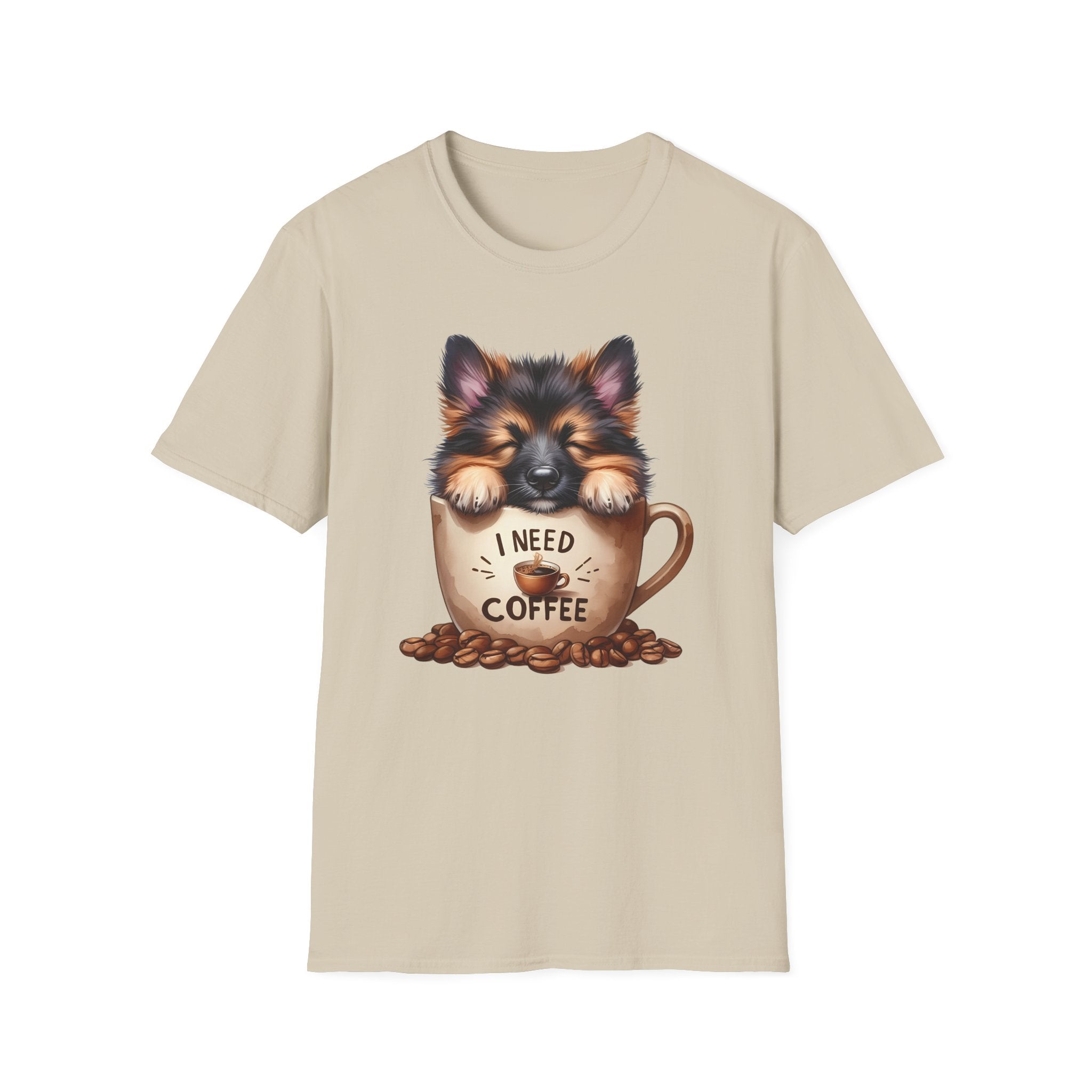 German Shepherd Puppy I Need Coffee T-Shirt | Cute Dog Coffee Design