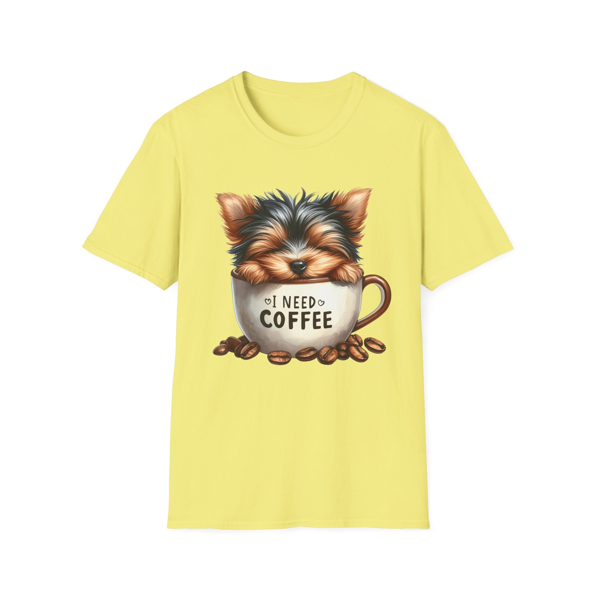 Cute Yorkie in Coffee Cup T-Shirt | I Need Coffee Puppy Graphic Tee