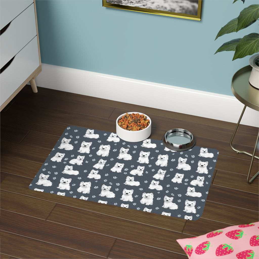 Westie Pattern Pet Food Mat 12x18 | White West Highland Terrier Paw Print Placemat