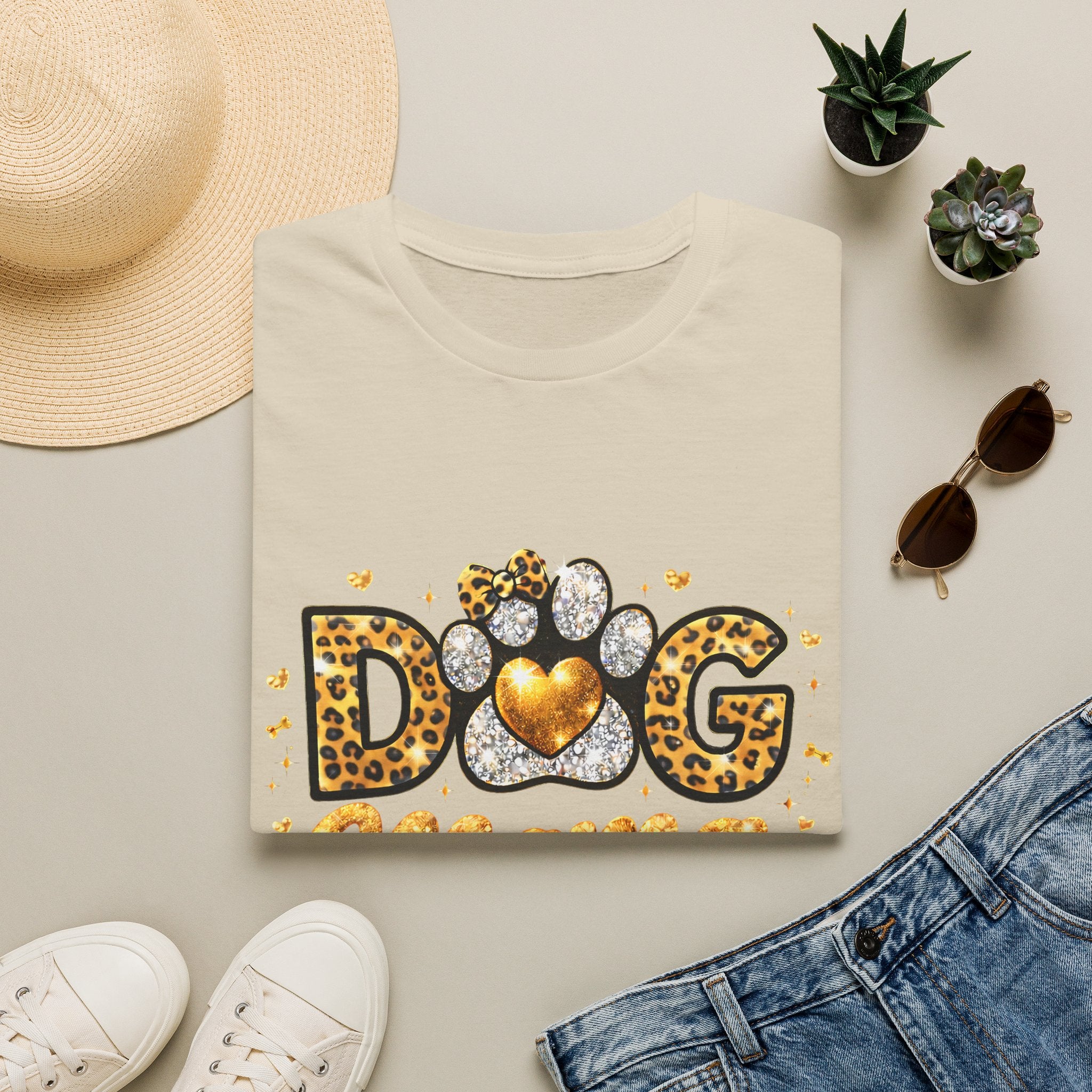 Dog Mama T-Shirt | Leopard Heart Paw Print, Gold Glitter Script