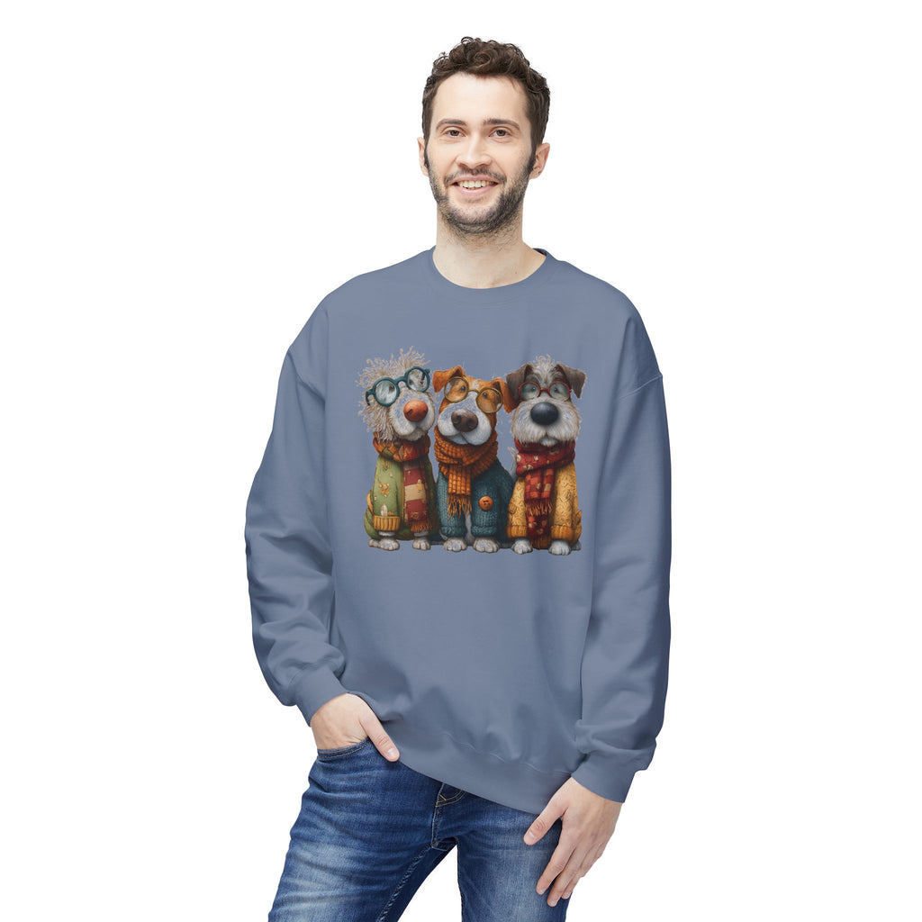 Three Cartoon Dogs in Scarves Sweatshirt | Cute Winter Pup Trio