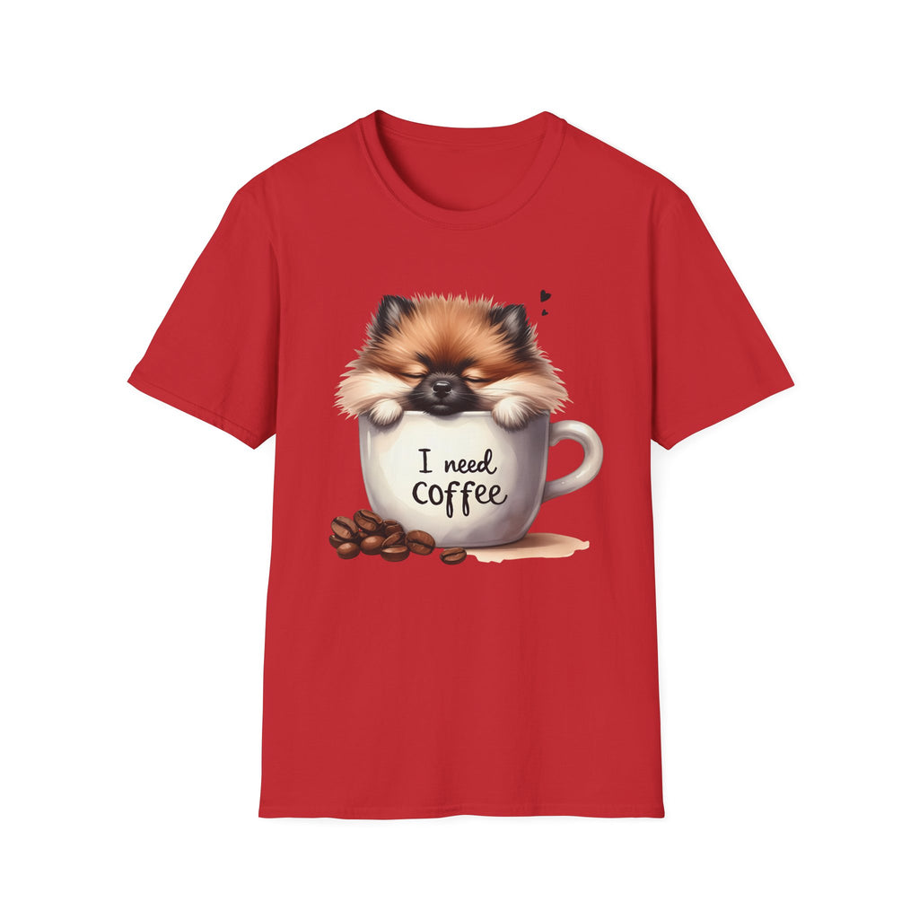 Cute Pomeranian in Coffee Mug T-Shirt | I Need Coffee, Dog Coffee Tee