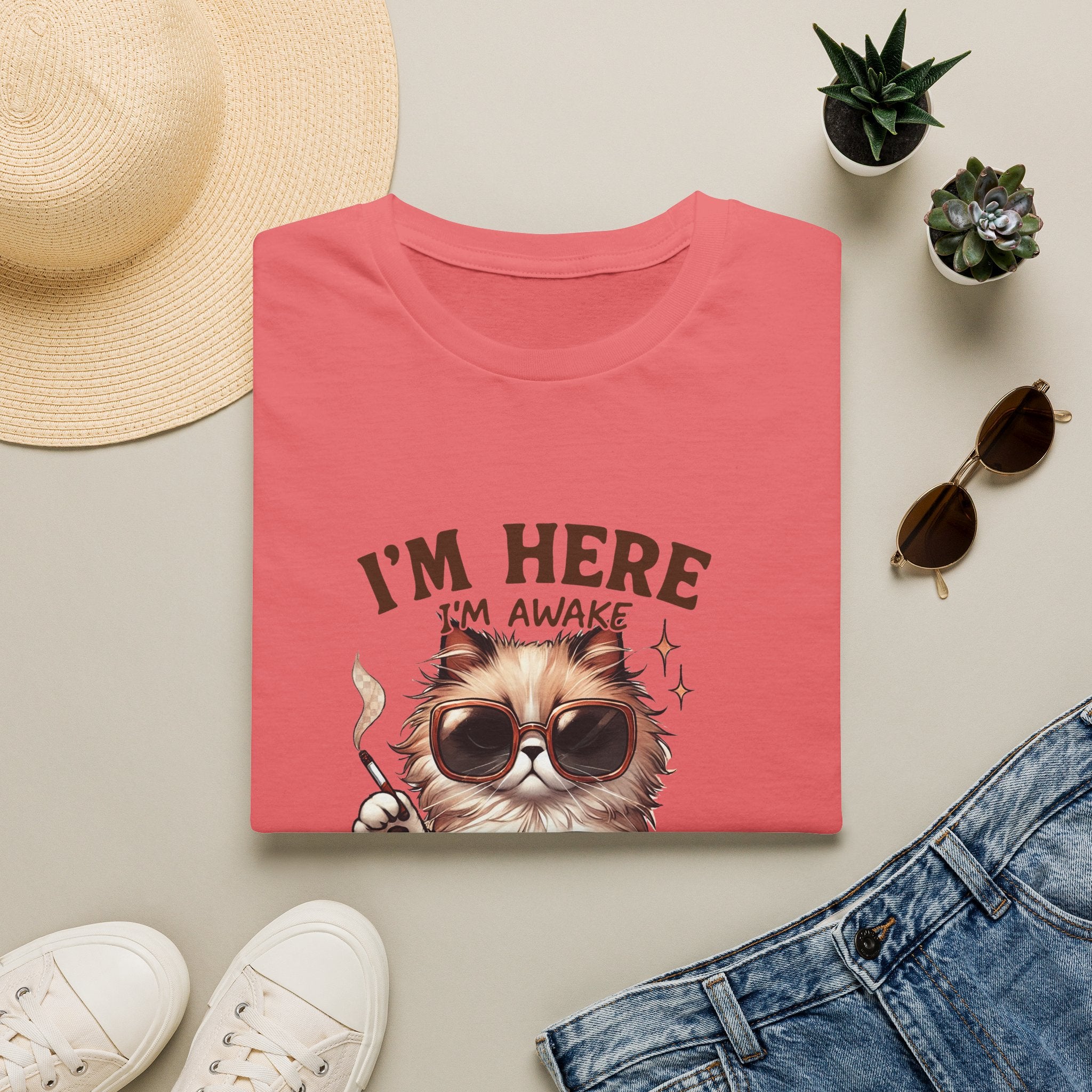 Sunglasses Cat with Coffee I'm Here I'm Awake Don't Push It T-Shirt | Funny Cat Tee