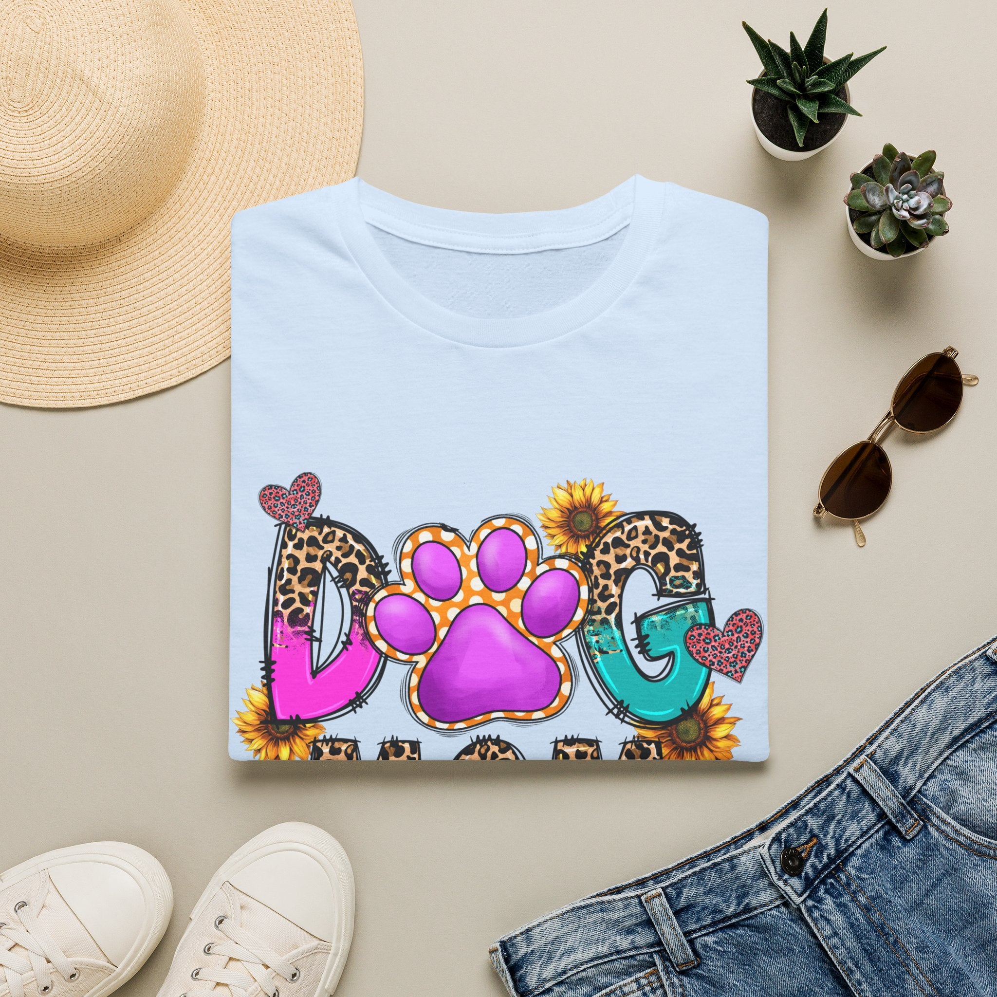 Dog Mom colorful paw print design T-Shirt | leopard hearts sunflower accents
