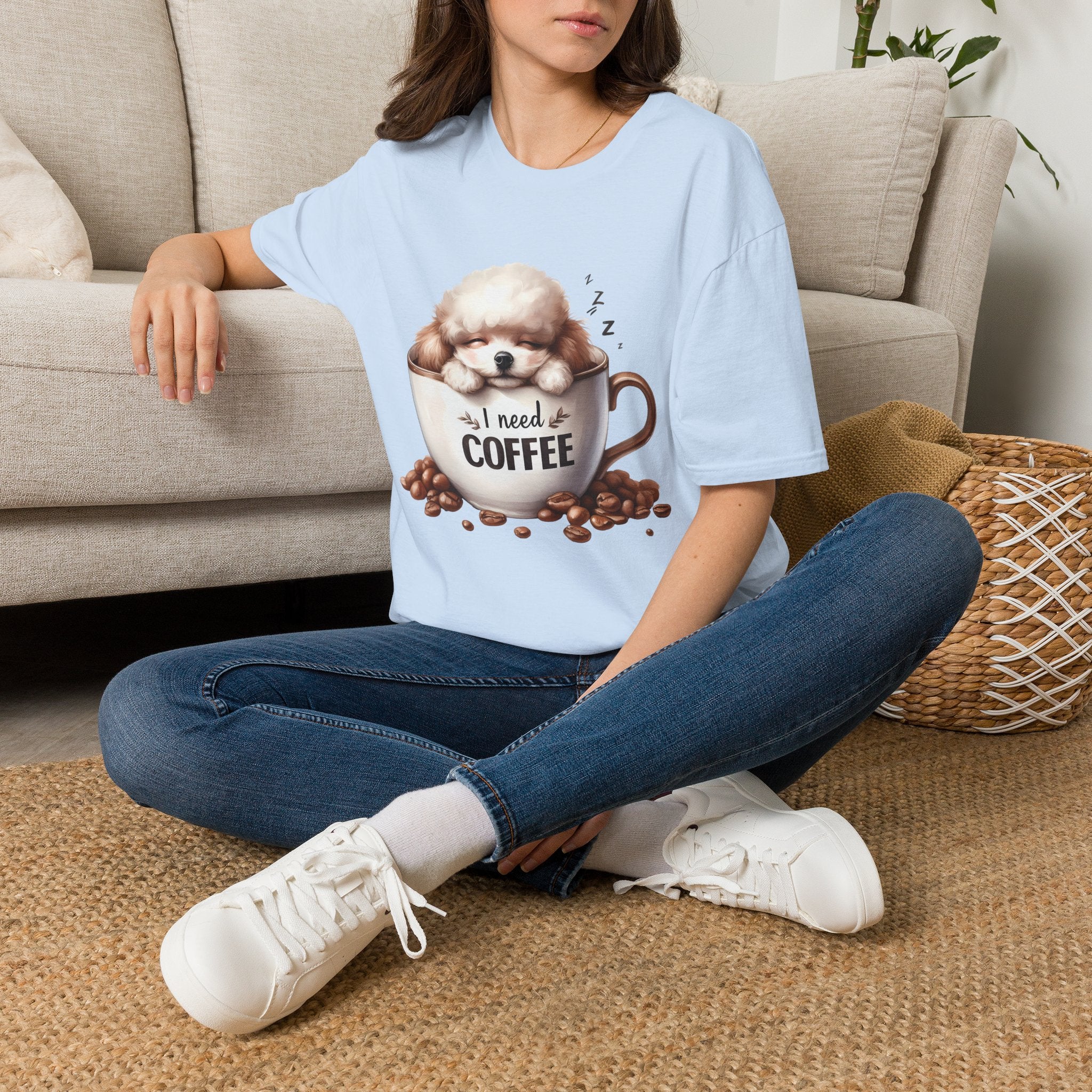 Sleeping Puppy in Coffee Cup T-Shirt | I Need Coffee Dog Design
