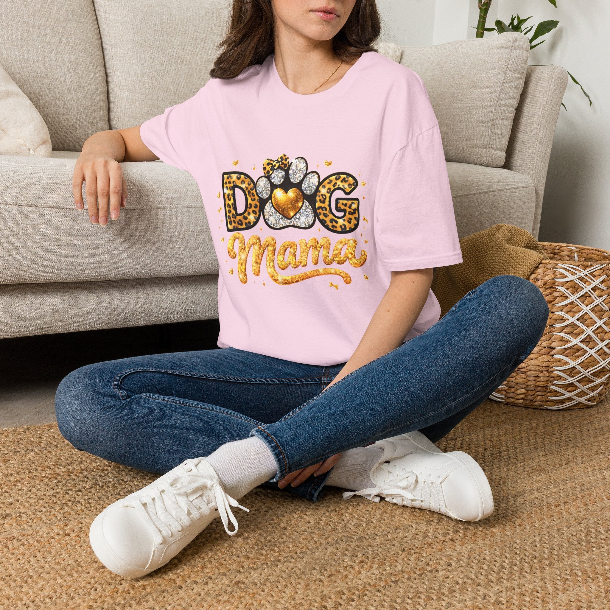 Dog Mama T-Shirt | Leopard Heart Paw Print, Gold Glitter Script