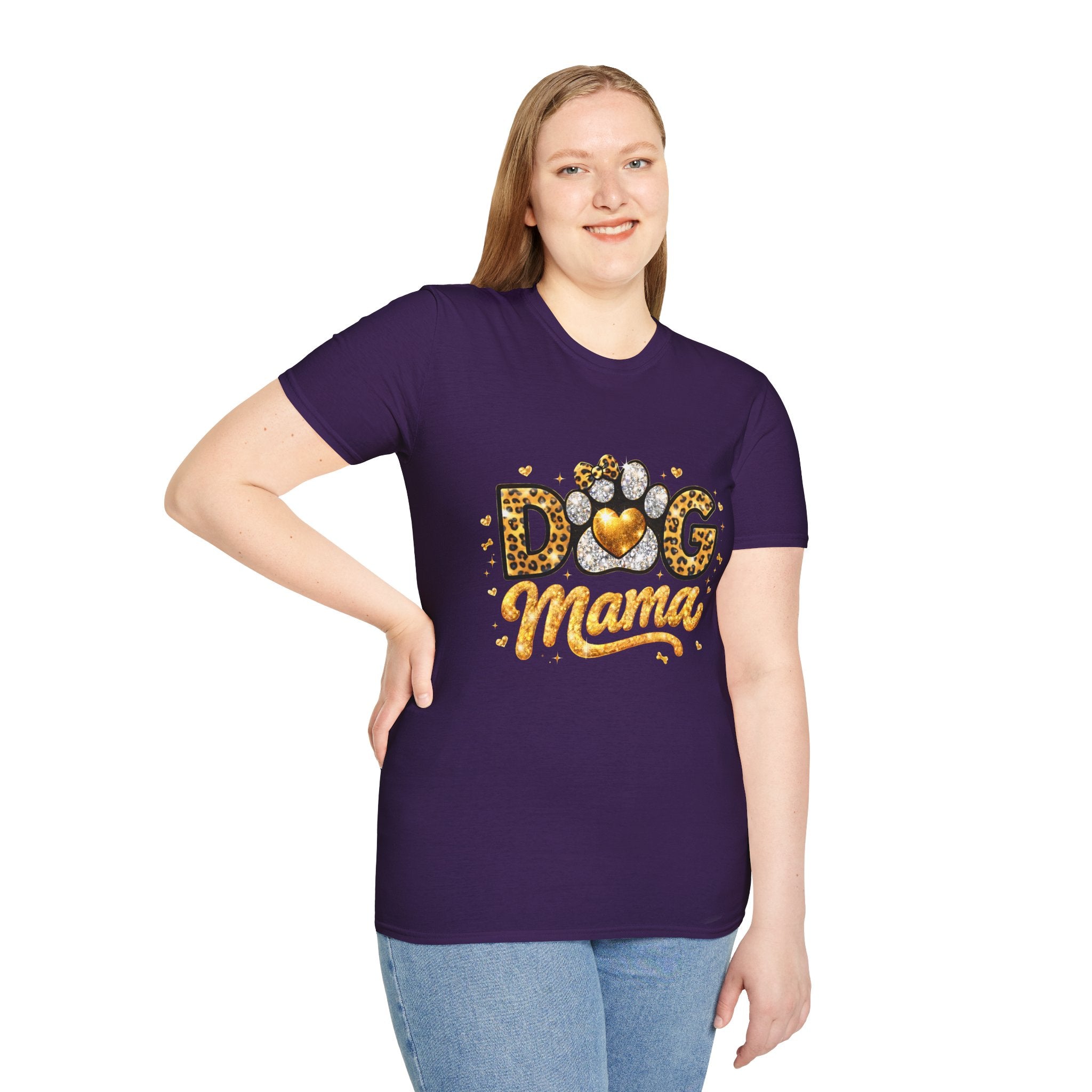 Dog Mama T-Shirt | Leopard Heart Paw Print, Gold Glitter Script