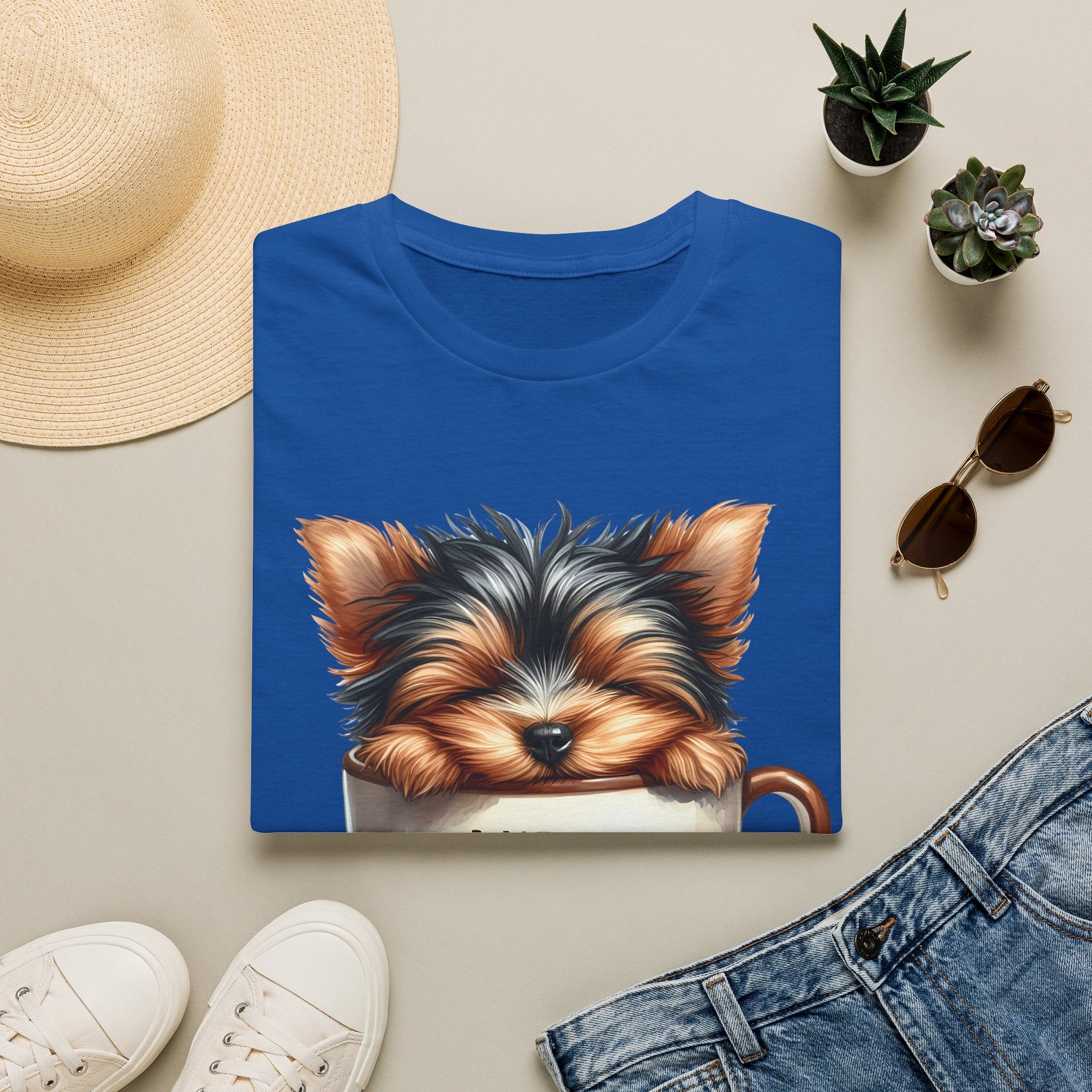 Cute Yorkie in Coffee Cup T-Shirt | I Need Coffee Puppy Graphic Tee