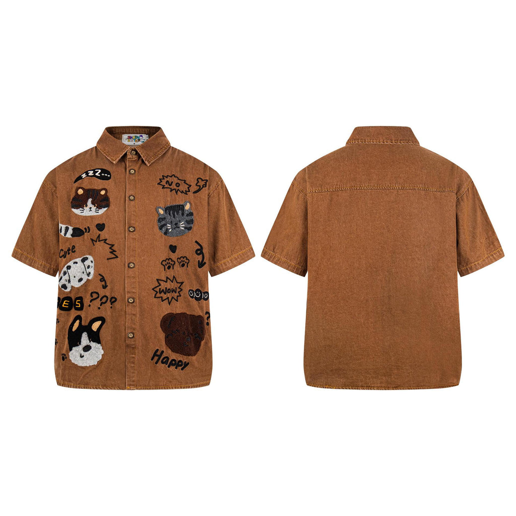 Cat and Dog Plush Embroidery Short Sleeve