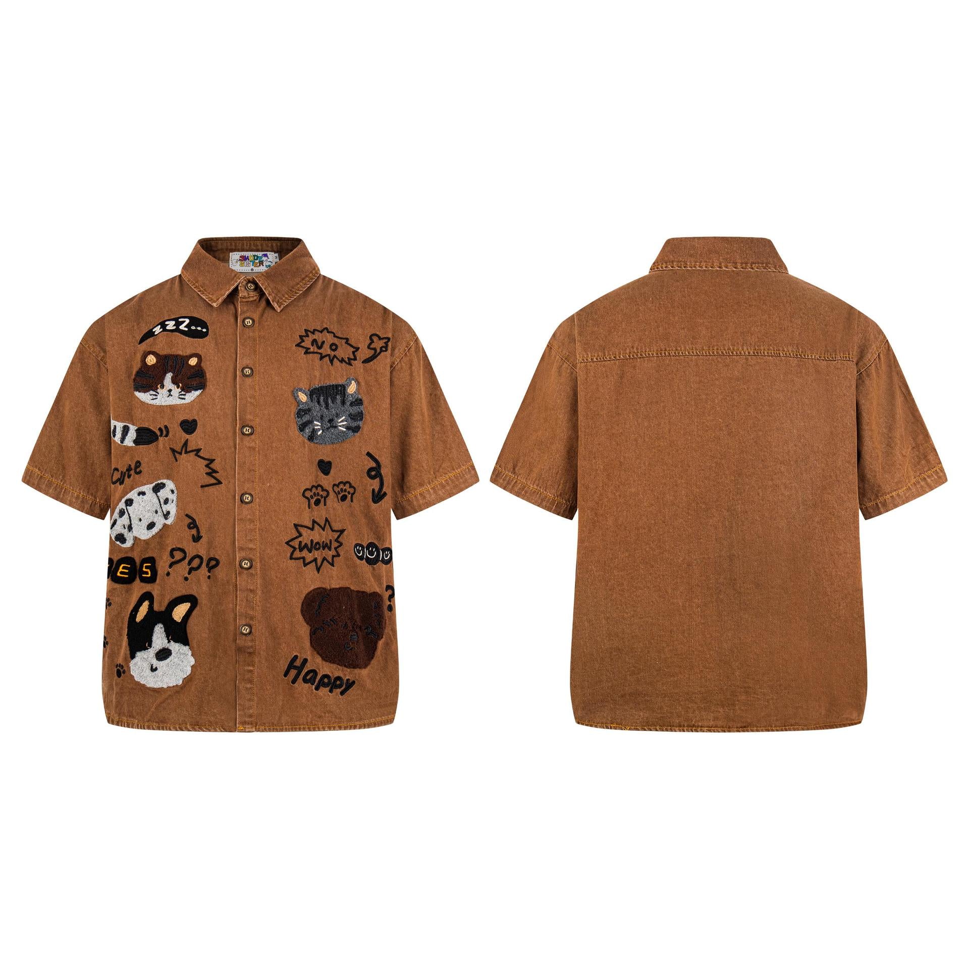 Cat and Dog Plush Embroidery Short Sleeve