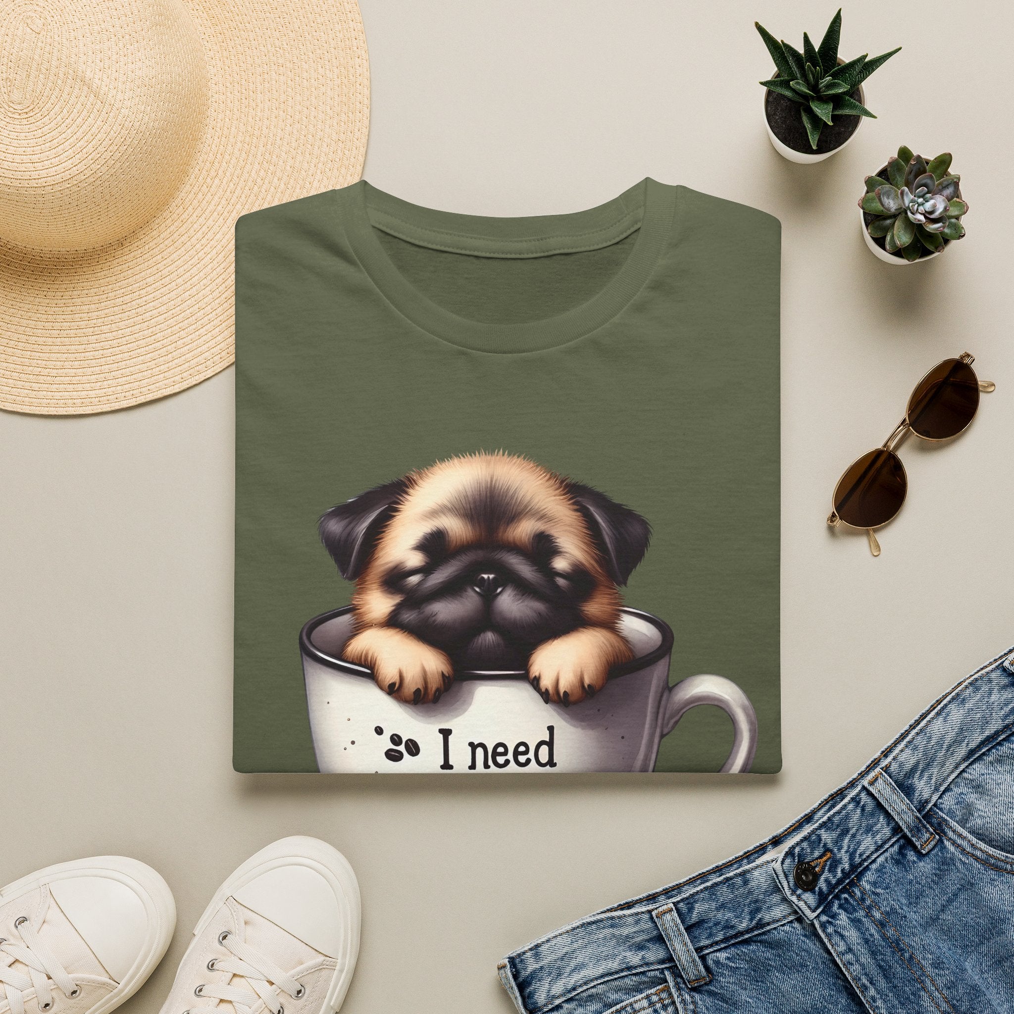 Puppy in Coffee Cup I Need Coffee T-Shirt | Cute Pug Coffee Tee