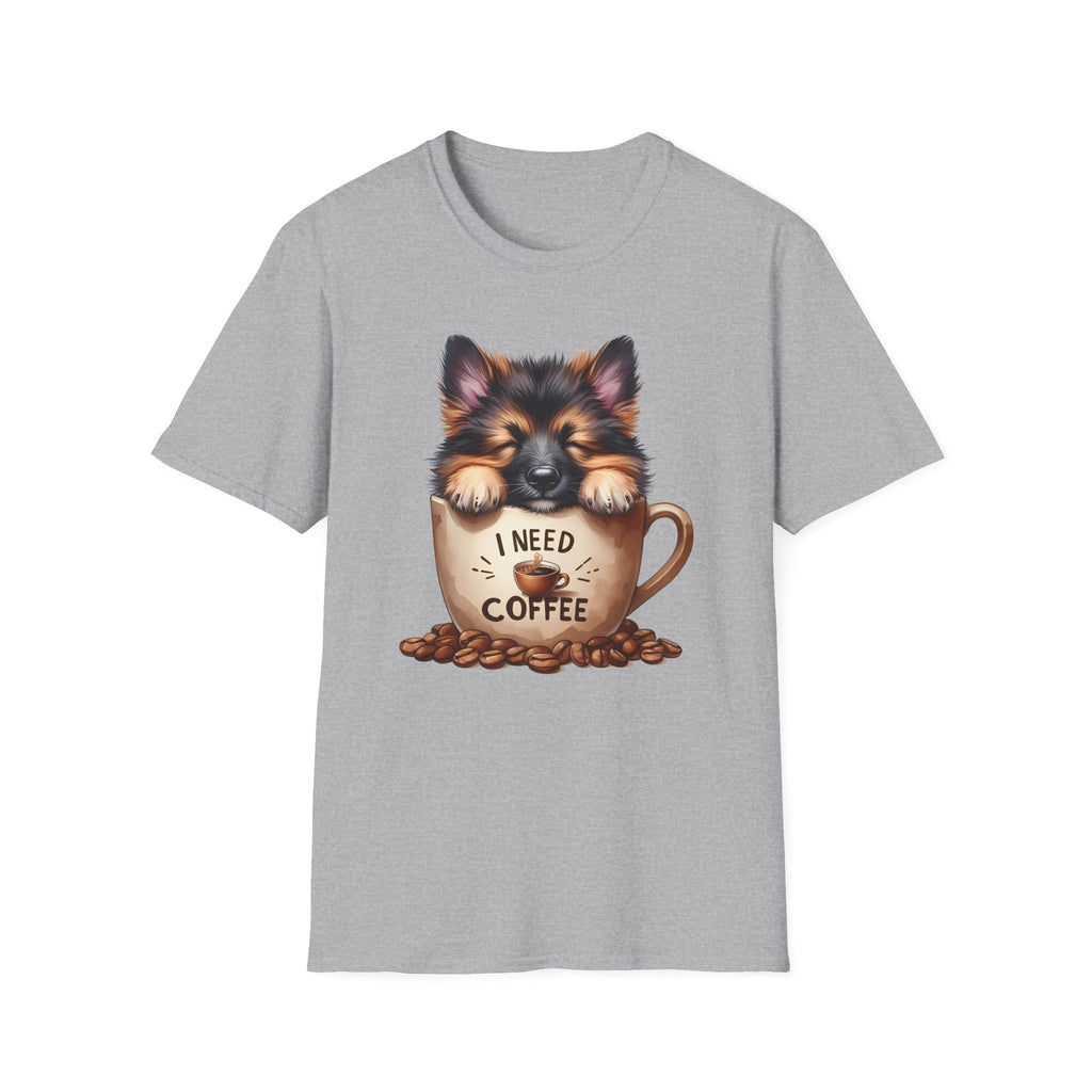 German Shepherd Puppy I Need Coffee T-Shirt | Cute Dog Coffee Design