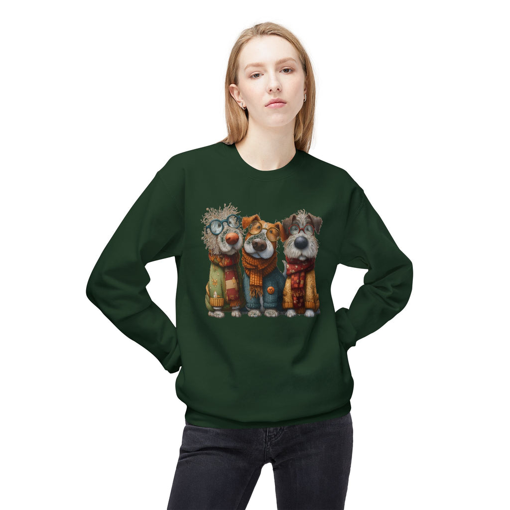 Three Cartoon Dogs in Scarves Sweatshirt | Cute Winter Pup Trio