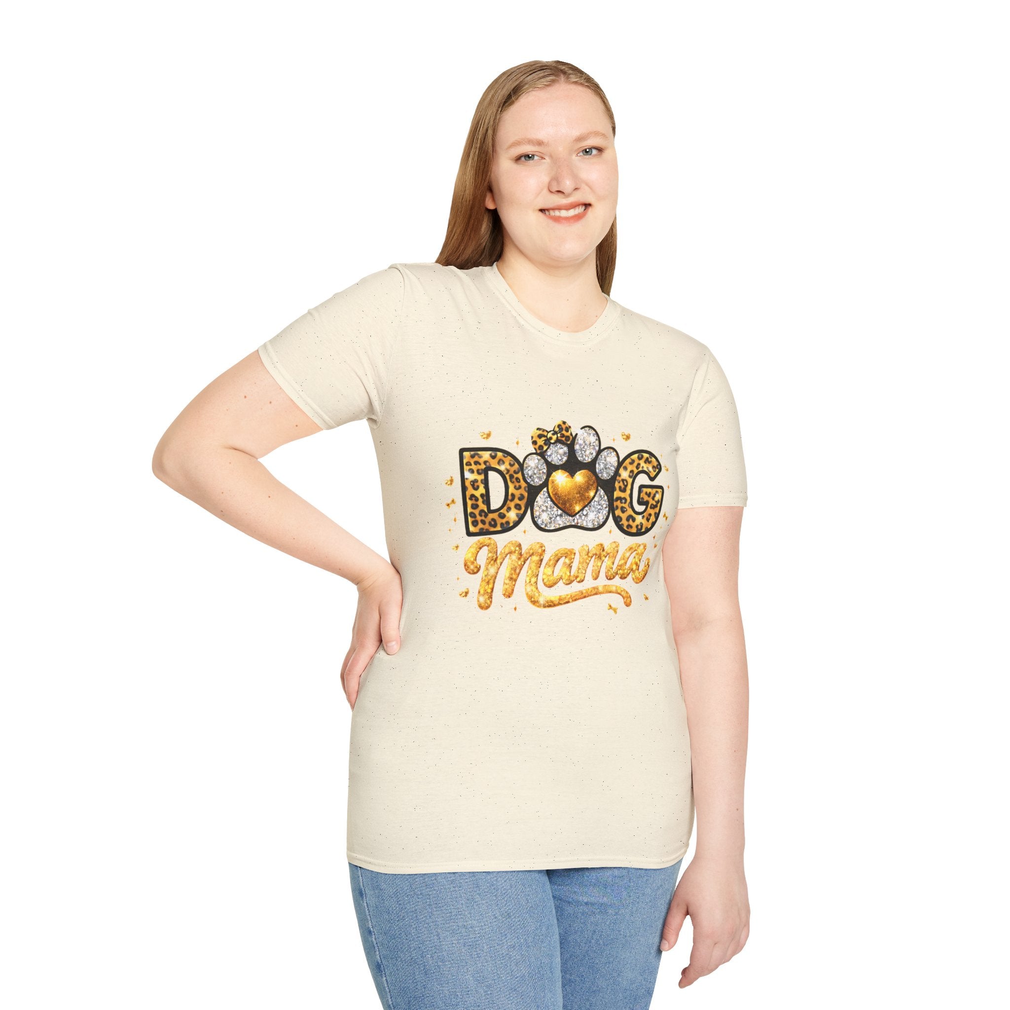 Dog Mama T-Shirt | Leopard Heart Paw Print, Gold Glitter Script