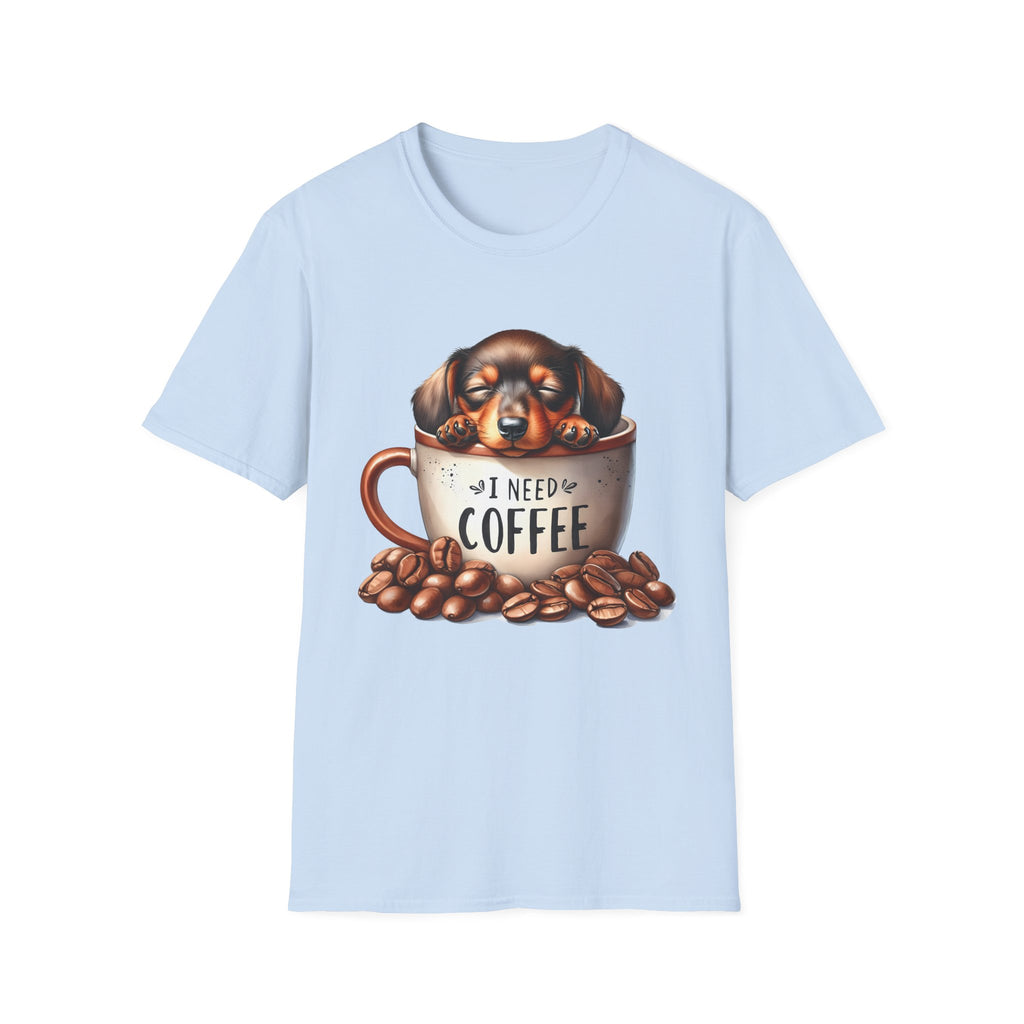 Sleepy Dachshund in Coffee Cup T-Shirt | I Need Coffee, Coffee Beans