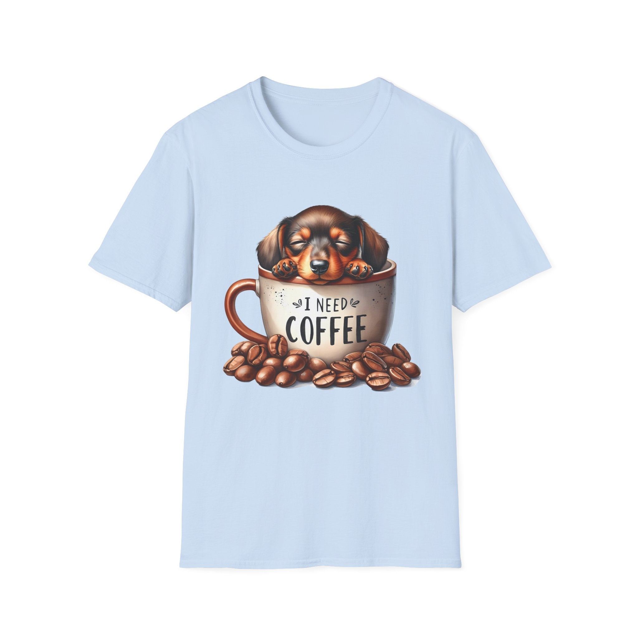 Sleepy Dachshund in Coffee Cup T-Shirt | I Need Coffee, Coffee Beans