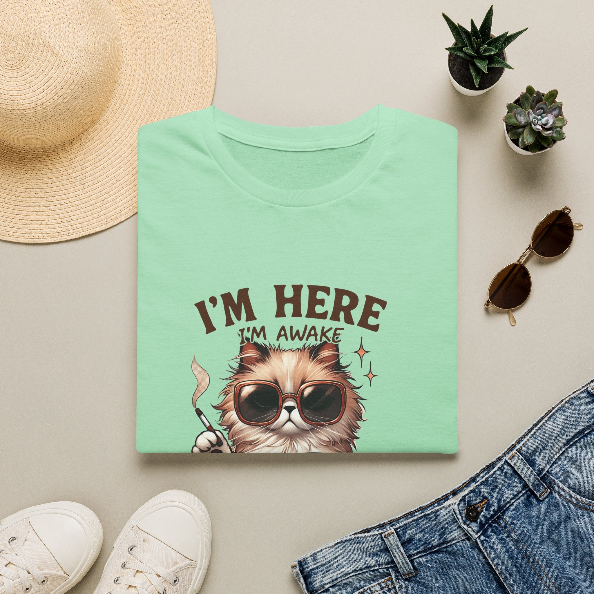 Sunglasses Cat with Coffee I'm Here I'm Awake Don't Push It T-Shirt | Funny Cat Tee