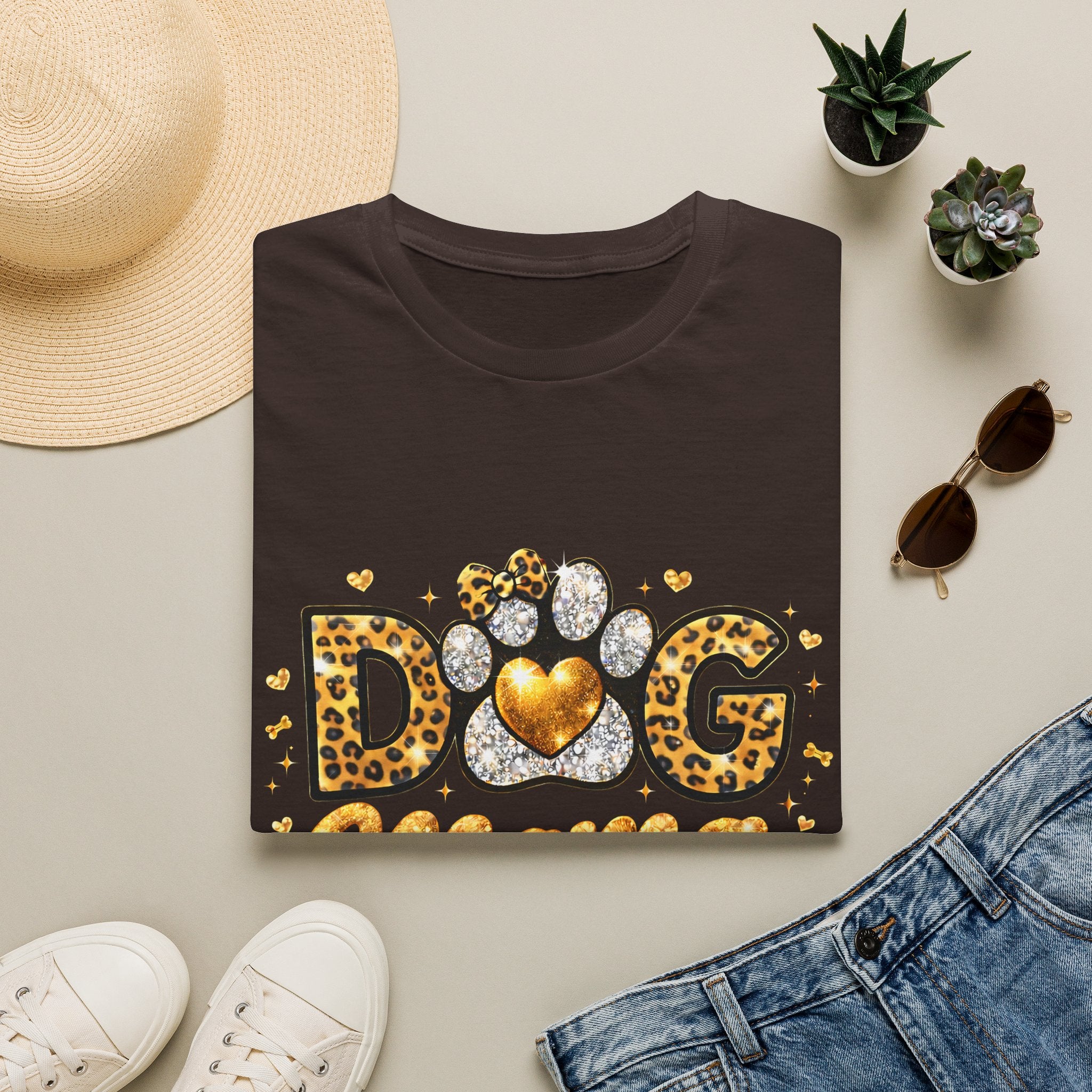 Dog Mama T-Shirt | Leopard Heart Paw Print, Gold Glitter Script